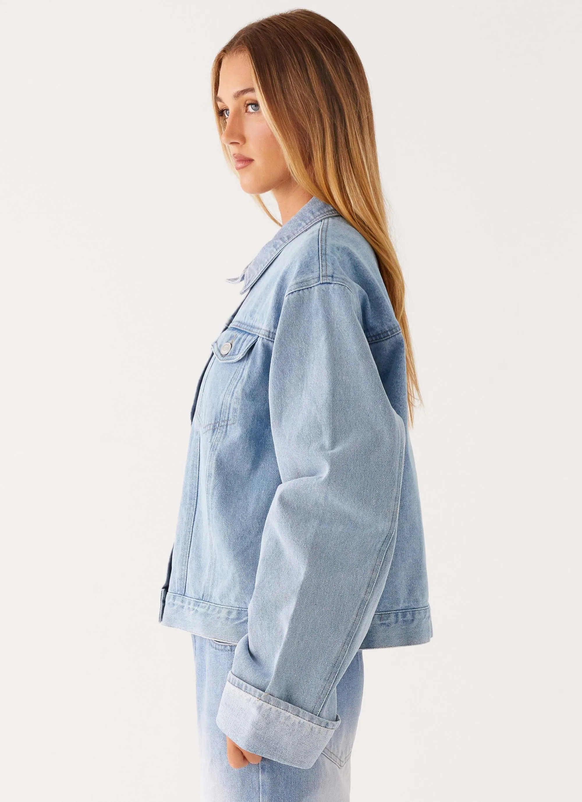 PerimeterStructuralBoning Heavyweight Warmth Back Again Oversized Denim Jacket - Light Wash Blue