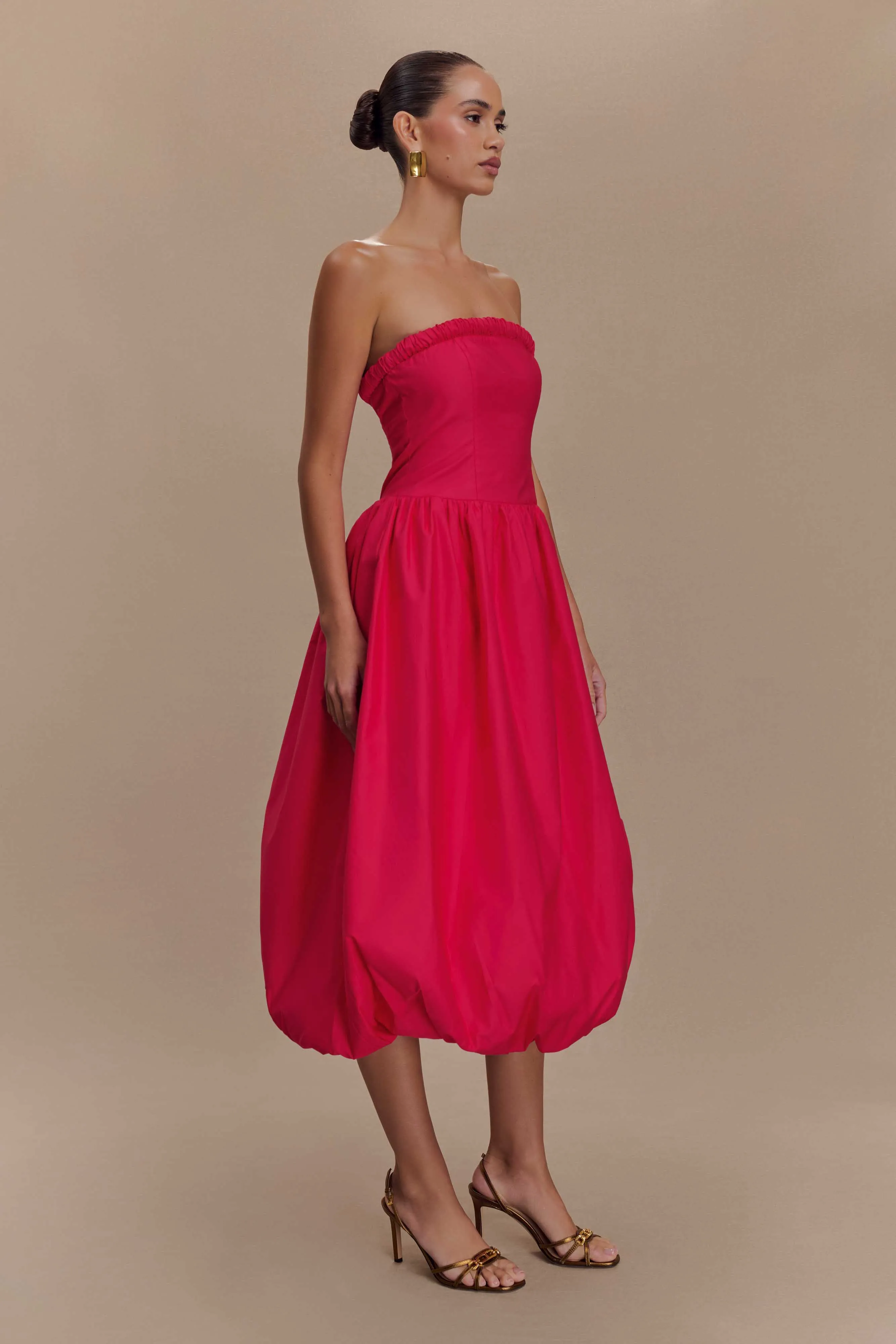 Dulce Puff Midi Dress - Raspberry Trendy Tailoring Shine Finish