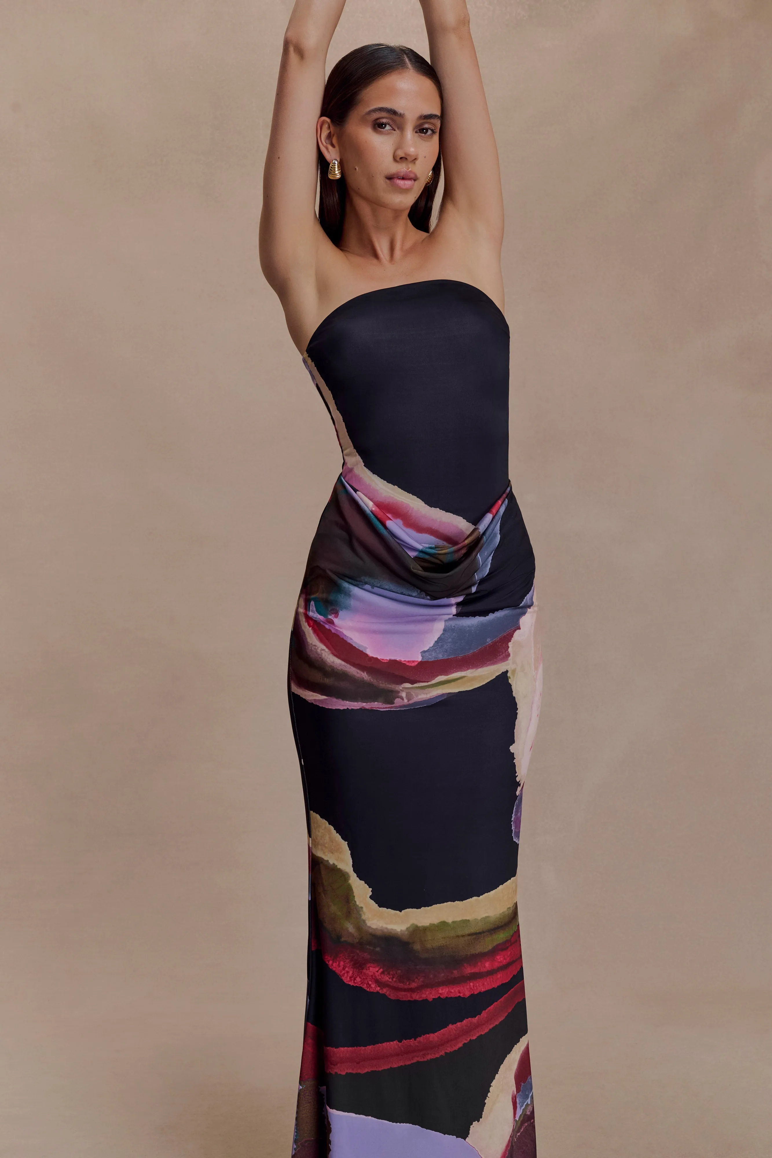 Madison Strapless Slinky Maxi Dress - Multi Fluid Reverie Print Lounge Mode