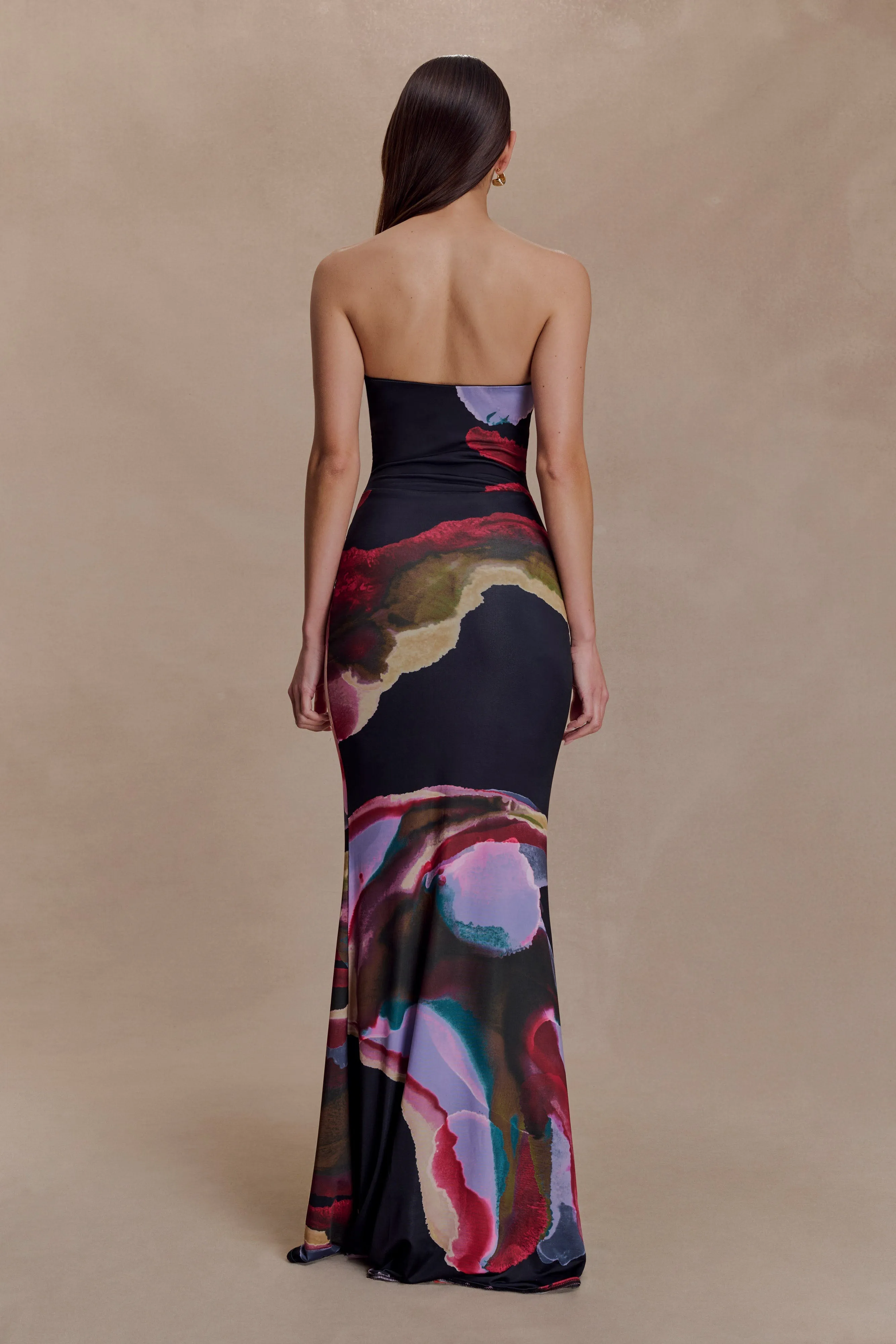 Madison Strapless Slinky Maxi Dress - Multi Fluid Reverie Print Perfect For Work