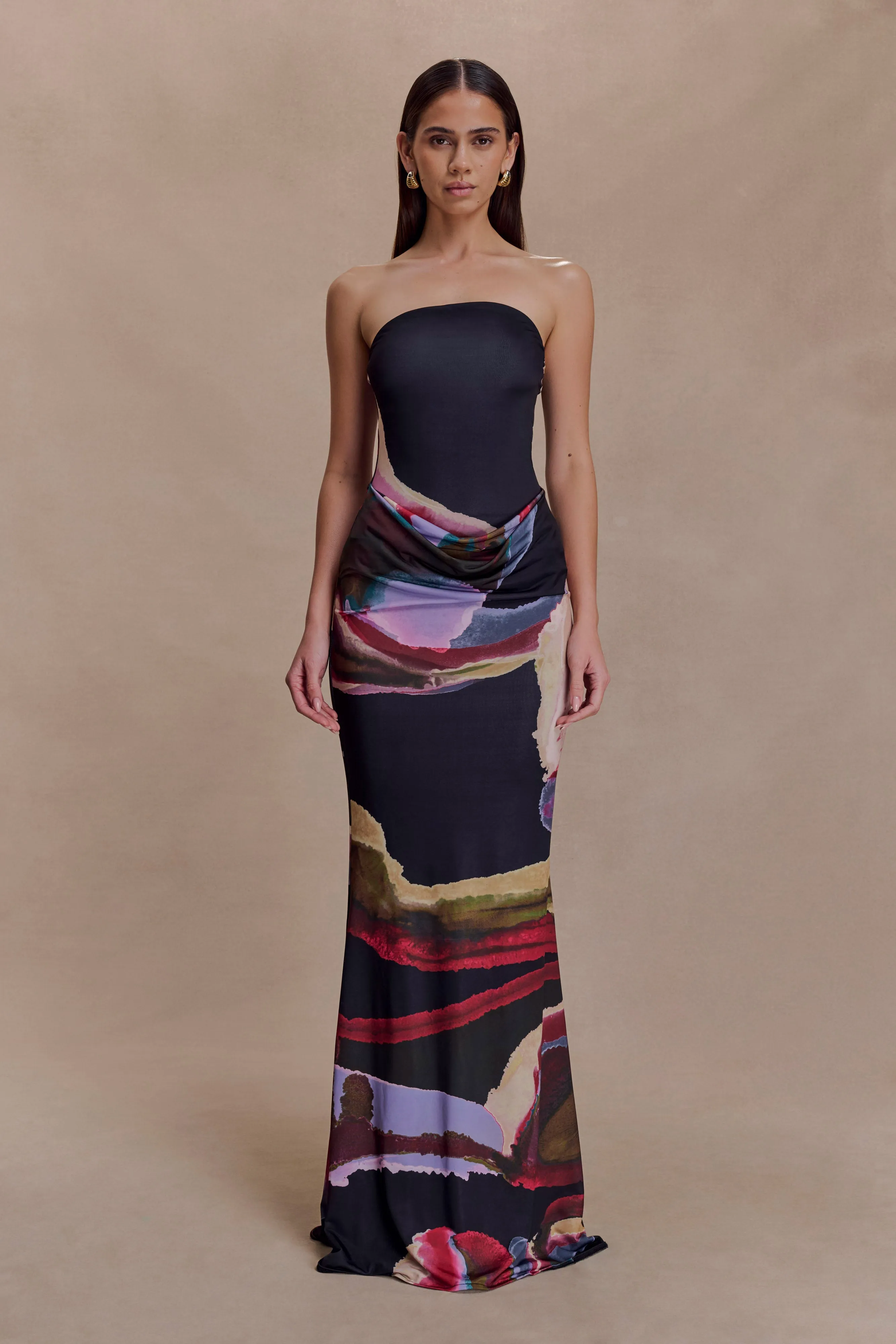 Full Coverage Everyday Piece Madison Strapless Slinky Maxi Dress - Multi Fluid Reverie Print