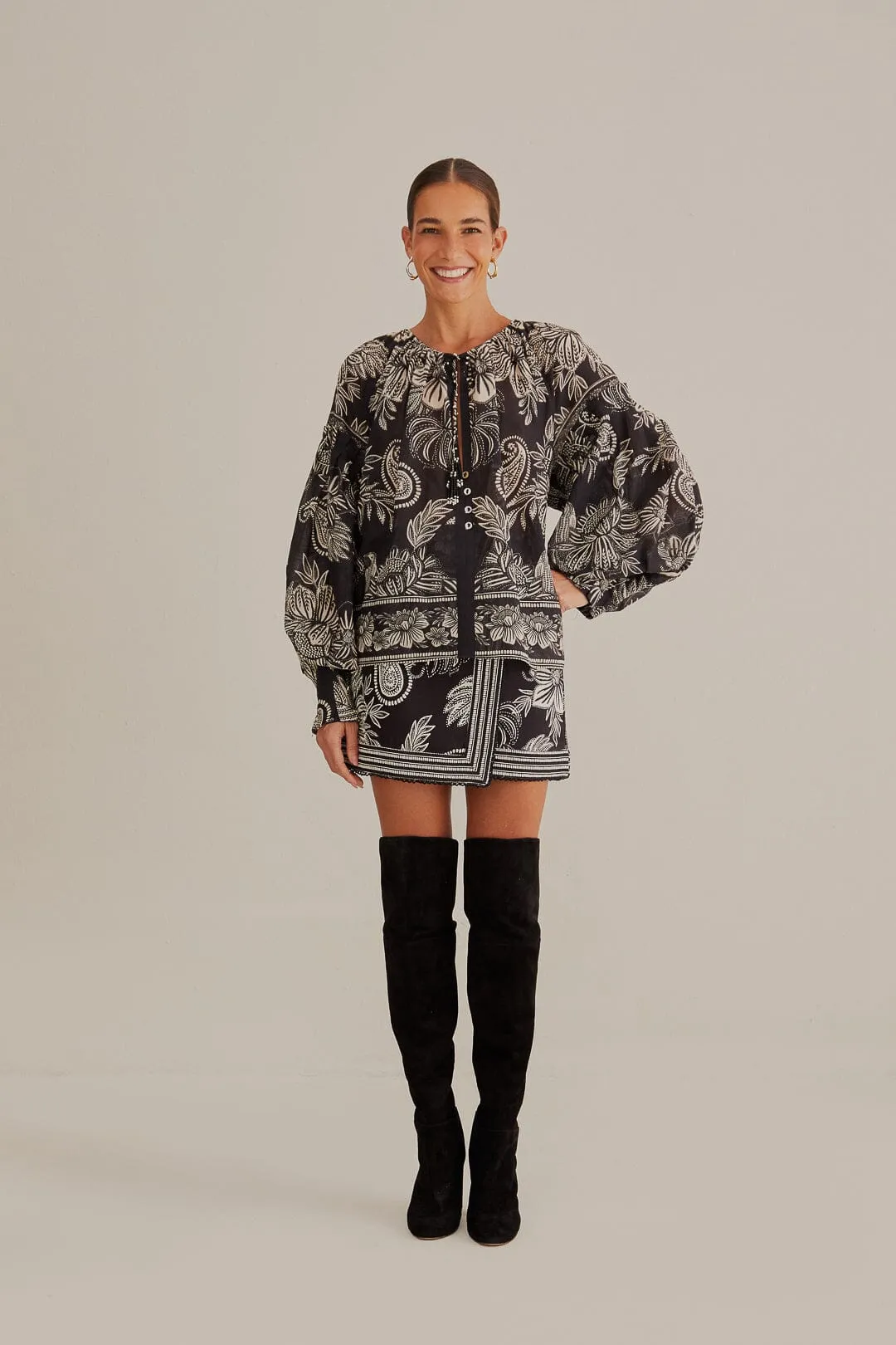 Black Paisley Bloom Mini Skirt Crisscross Details Sheer Overlay