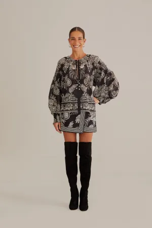 Black Paisley Bloom Mini Skirt Crisscross Details Sheer Overlay