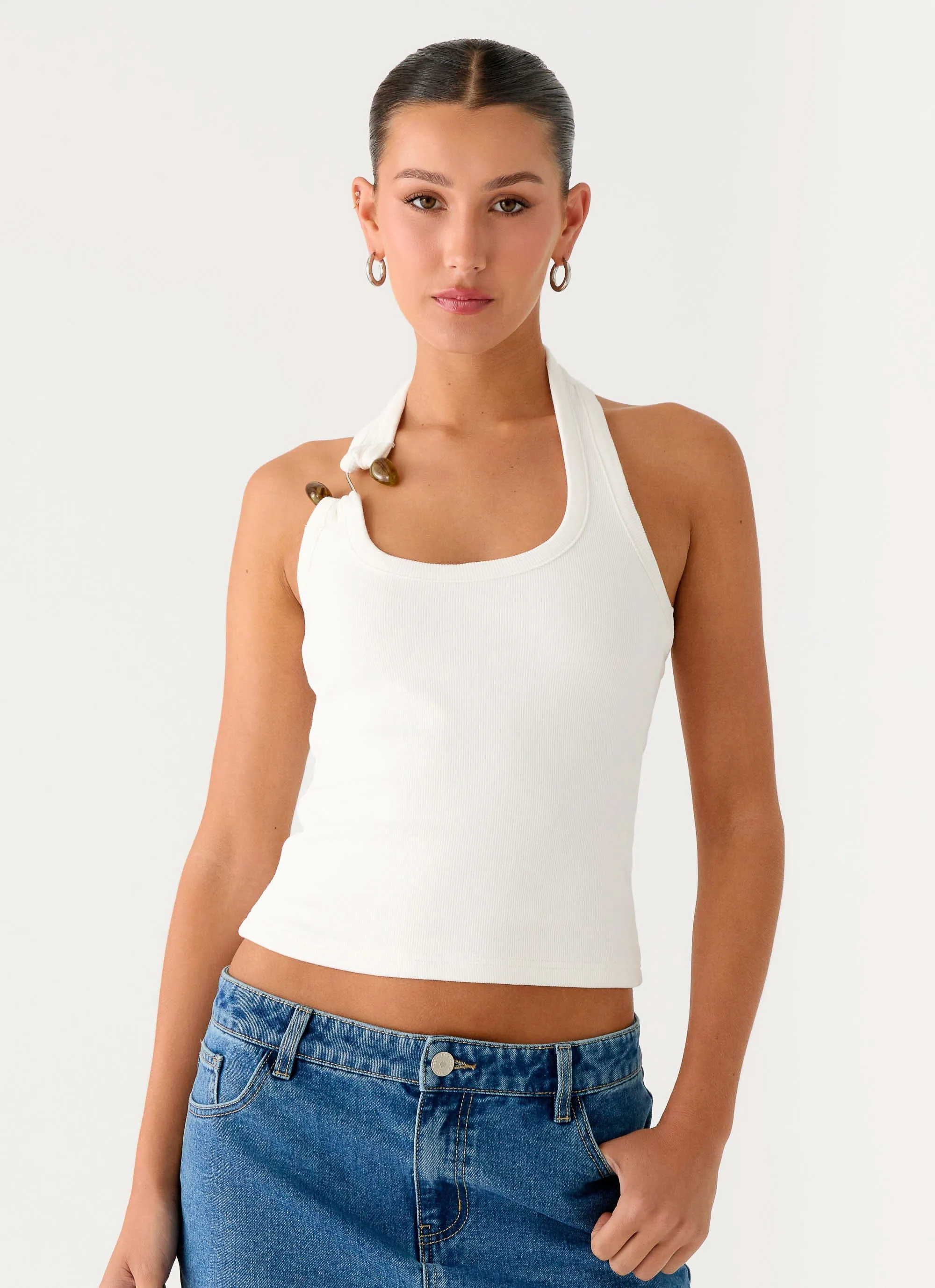 Chill Style Ribbed collar Cladena Top - White