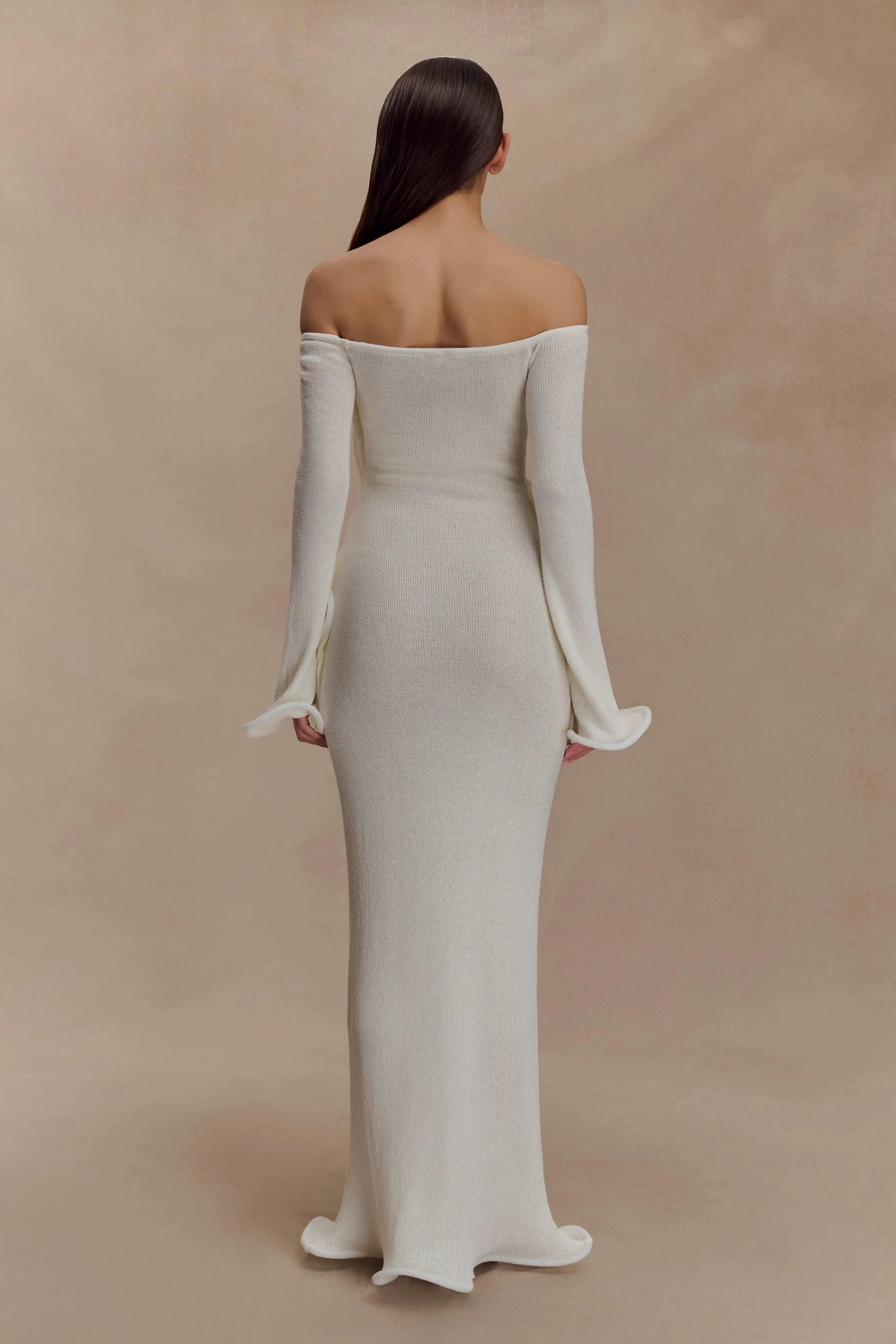 Mesh-Sleeve Dress-Up Style Sandrine Off Shoulder Knit Maxi Dress - White