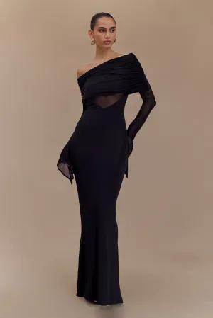 Anytime Fit Kaitlin One Shoulder Slinky And Mesh Maxi Dress - Black