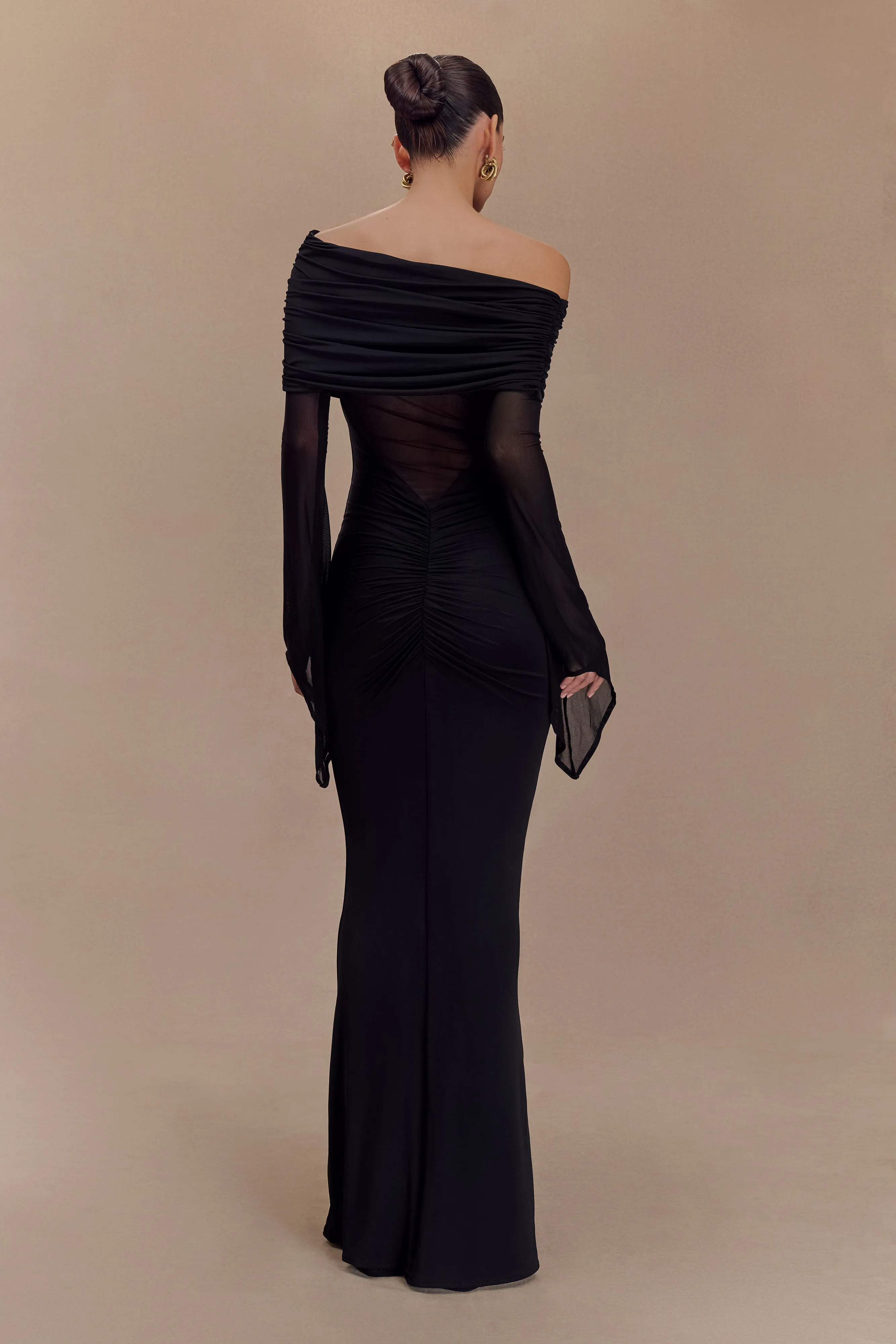 Kaitlin One Shoulder Slinky And Mesh Maxi Dress - Black Sunset Look Simple Bow