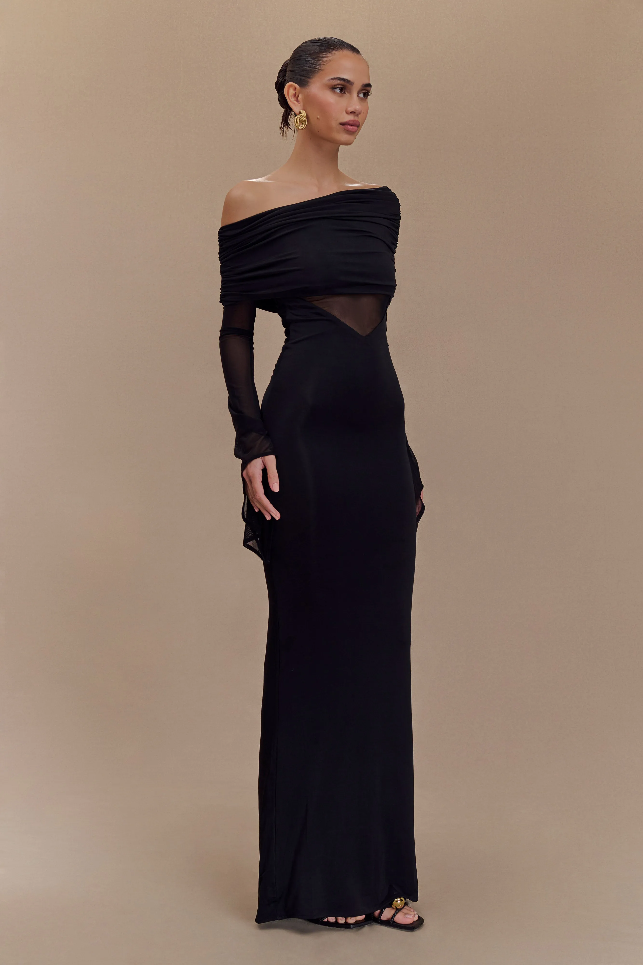 Button-front Refined Vibe Kaitlin One Shoulder Slinky And Mesh Maxi Dress - Black