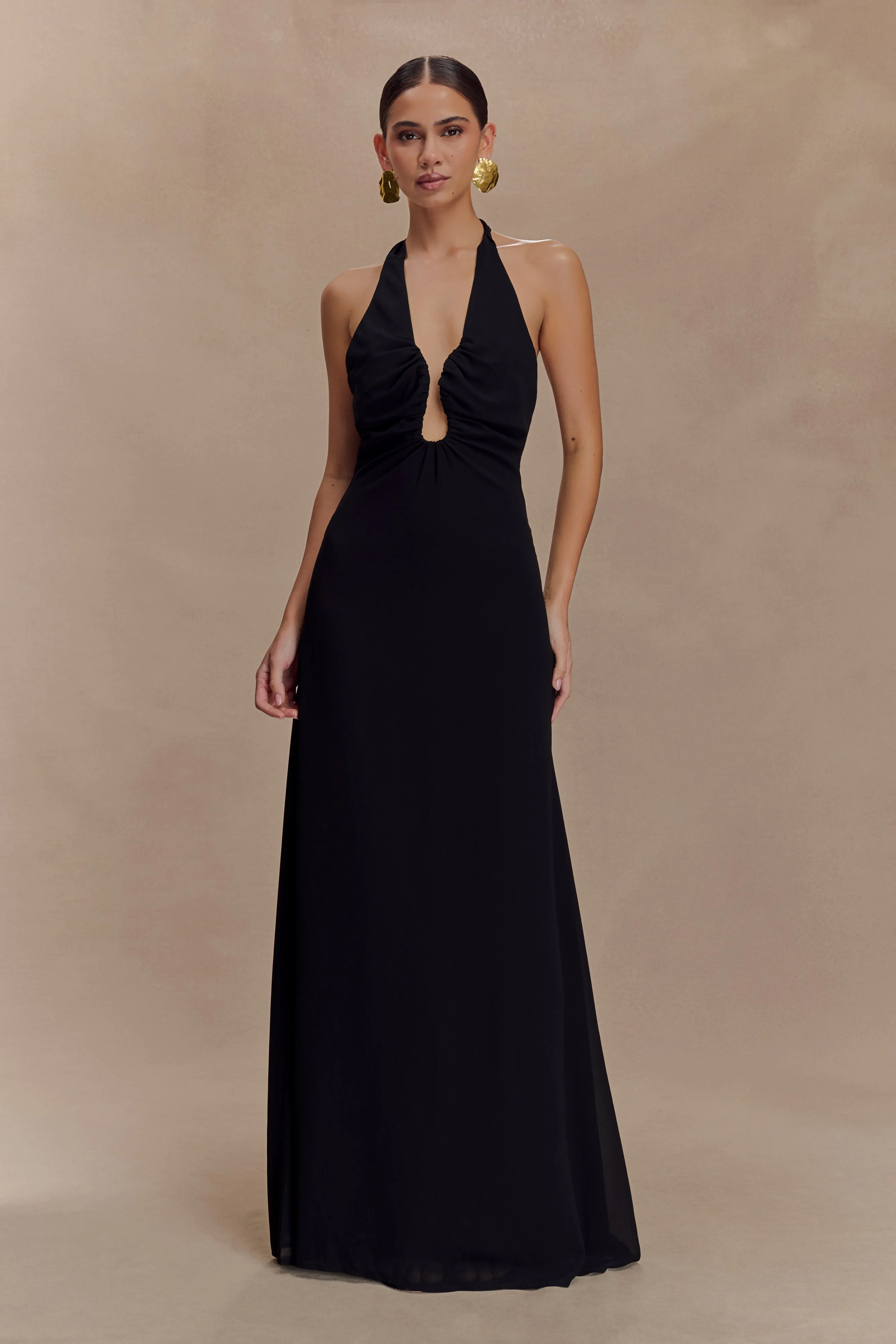 Malakhai Chiffon Halter Maxi Dress - Black Textured Layers