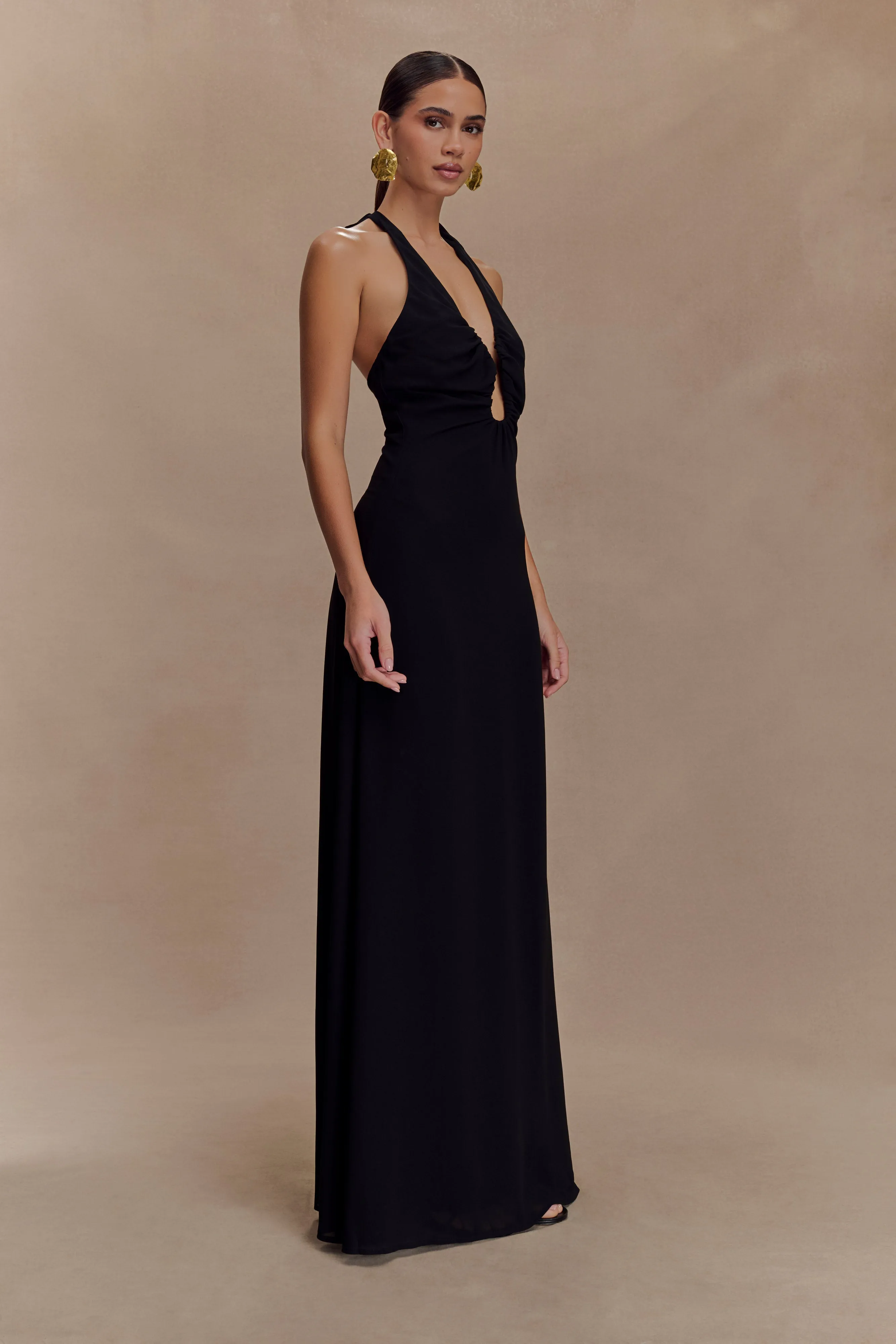 Silky-Feel Malakhai Chiffon Halter Maxi Dress - Black