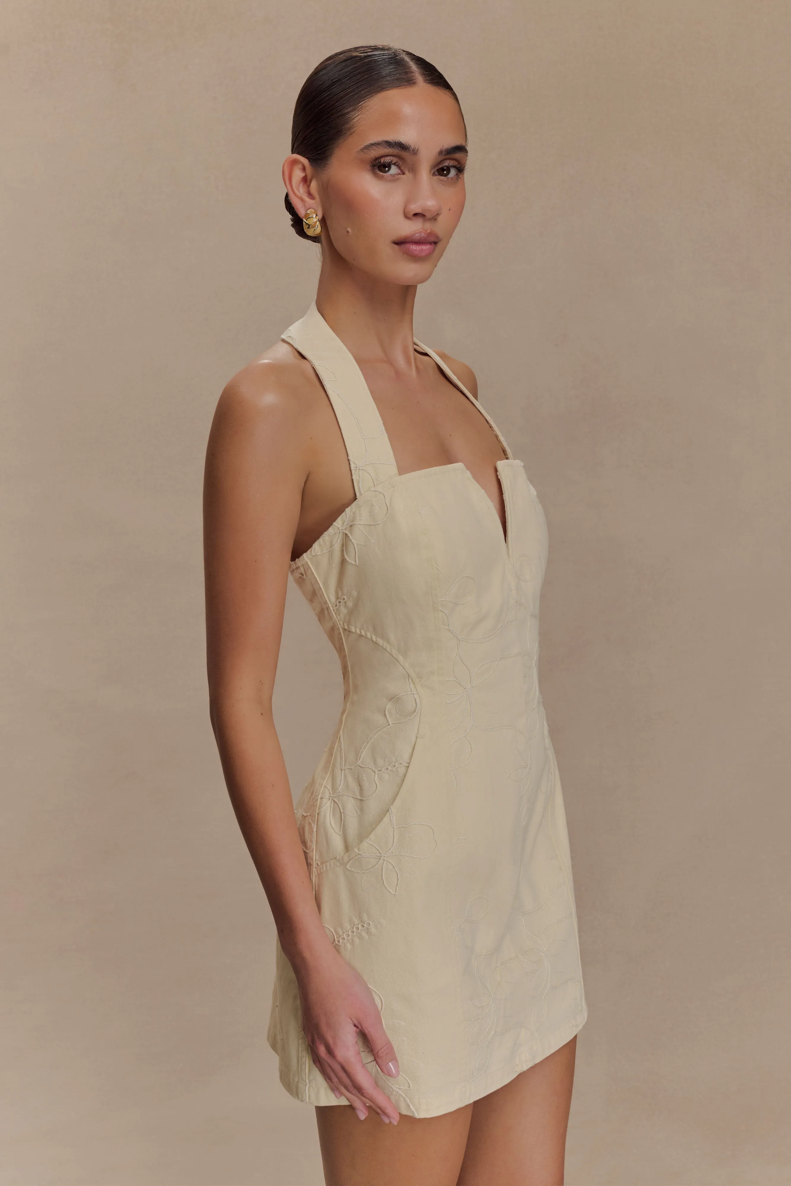 Ebony Embroidered Denim Mini Dress - Cream sophisticated appearance
