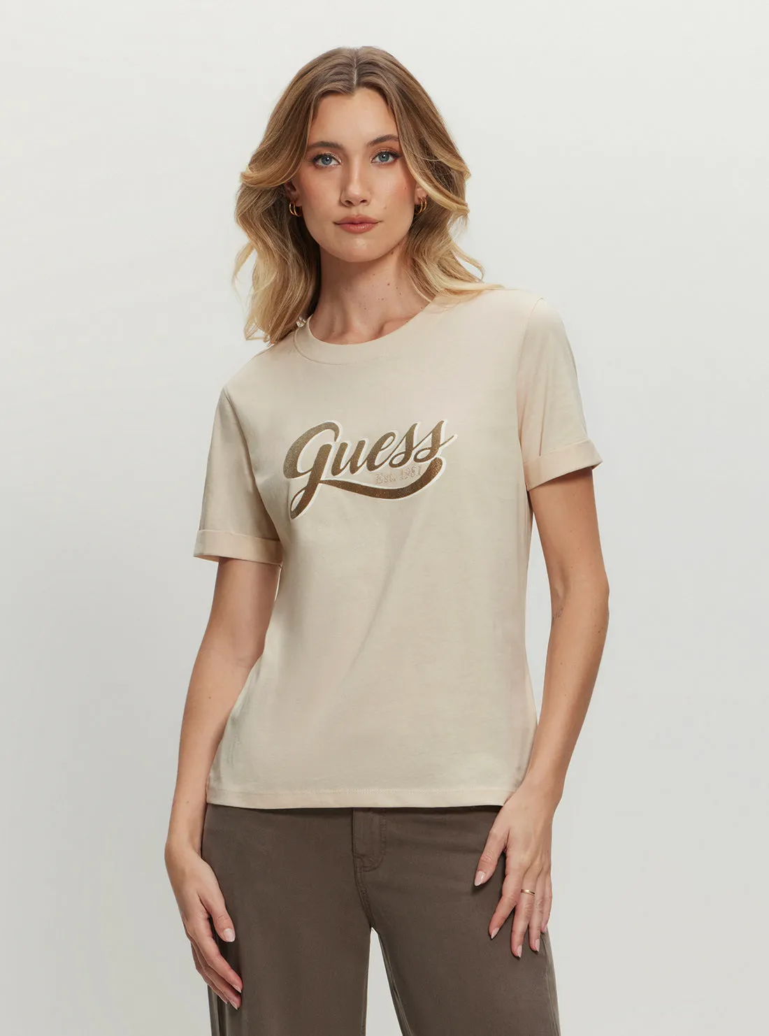 Eco Beige Glittery Logo T-Shirt MicroPiqueKnit