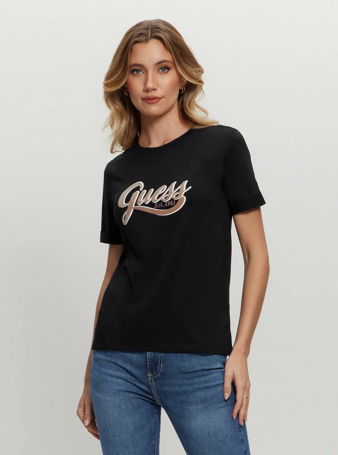 Eco Black Glittery Logo T-Shirt Breathable Performance Wear Daily Outfit Style