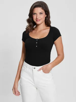 Scoop neck femininity Eco Black Karlee Jewel Henley T-Shirt