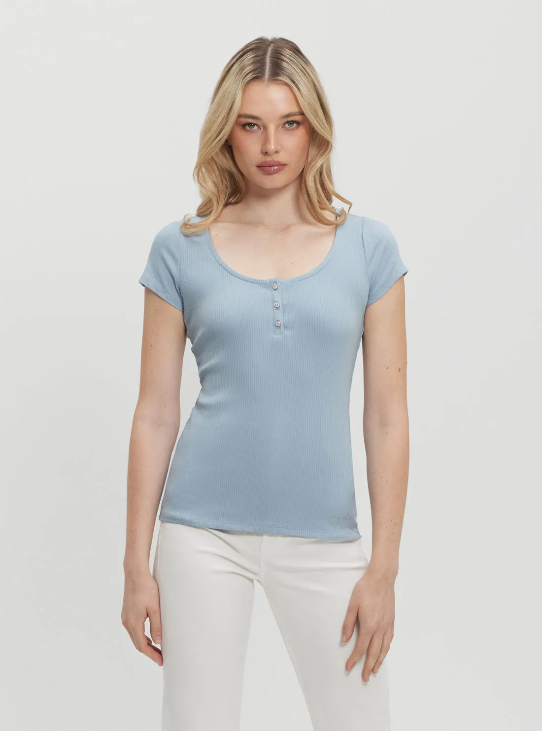 Eco Blue Karlee Jewel Henley T-Shirt UV Protective Coating Compact Stitch Pattern