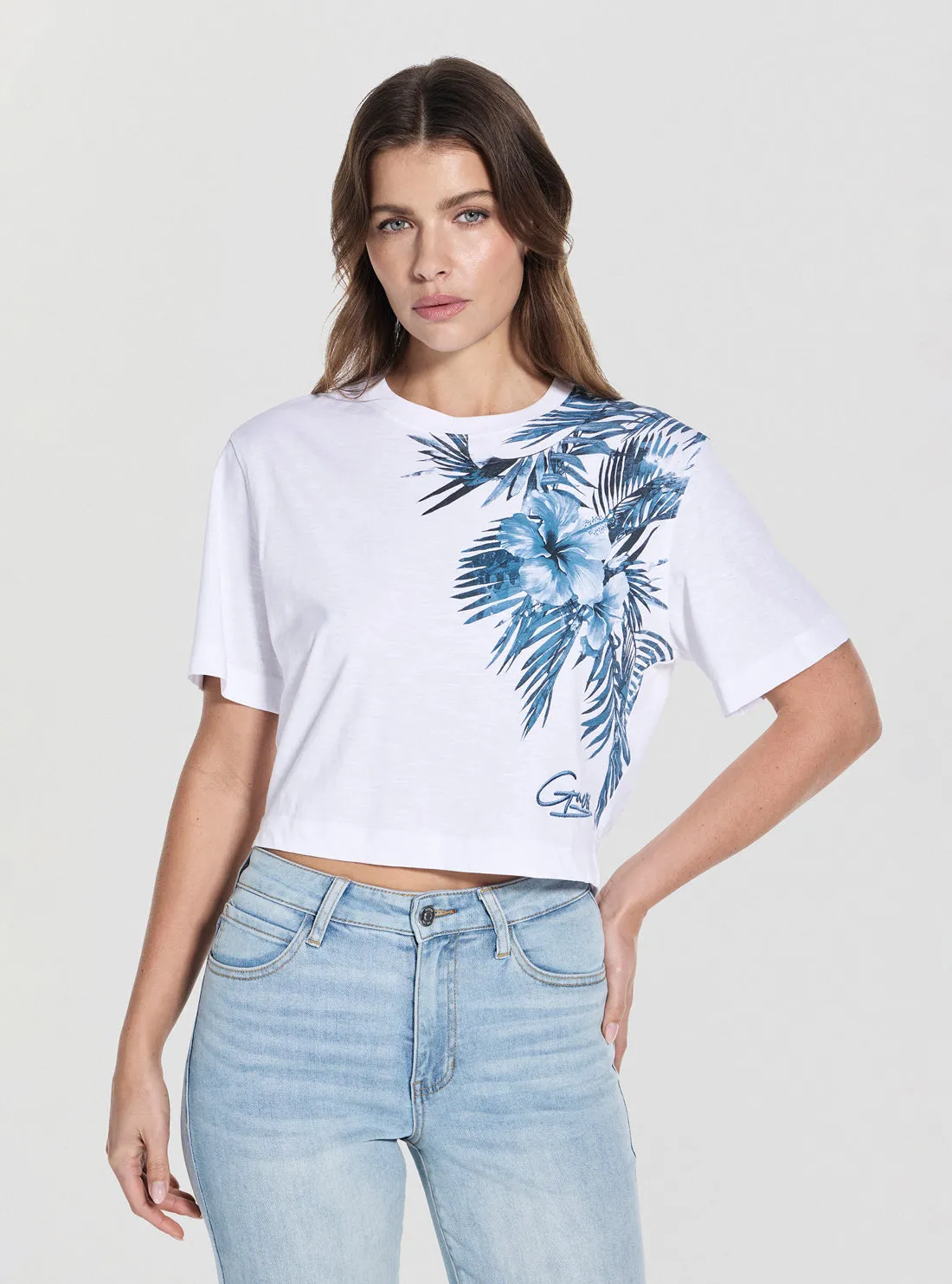 Eco Blue Palm Print Boxy Cropped T-Shirt Modern innovation Light Fit Wear