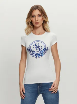 Unisex style Eco White Blue Cheker Sequin T-Shirt