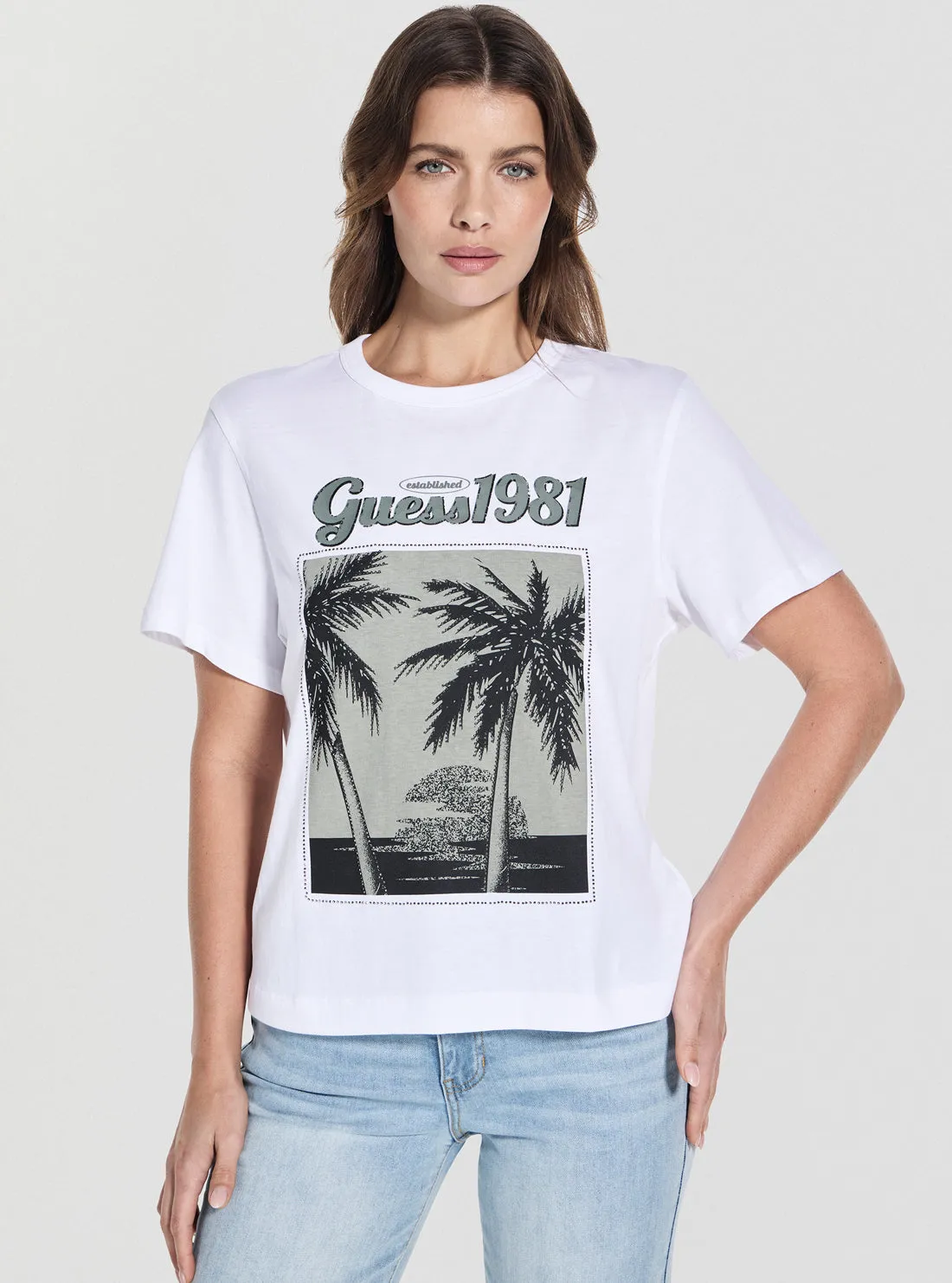 Eco White Palm Print Washed T-Shirt Cozy Comfort Elderly clothing