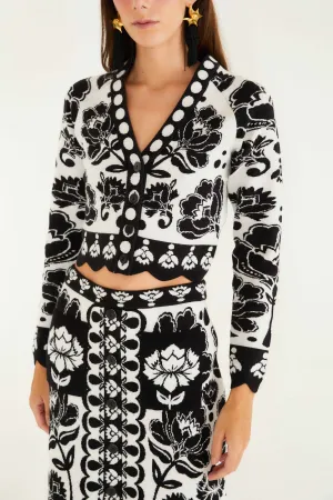 LightweightMaterial Dream Core Black & White Floral Arabesque Knit Top