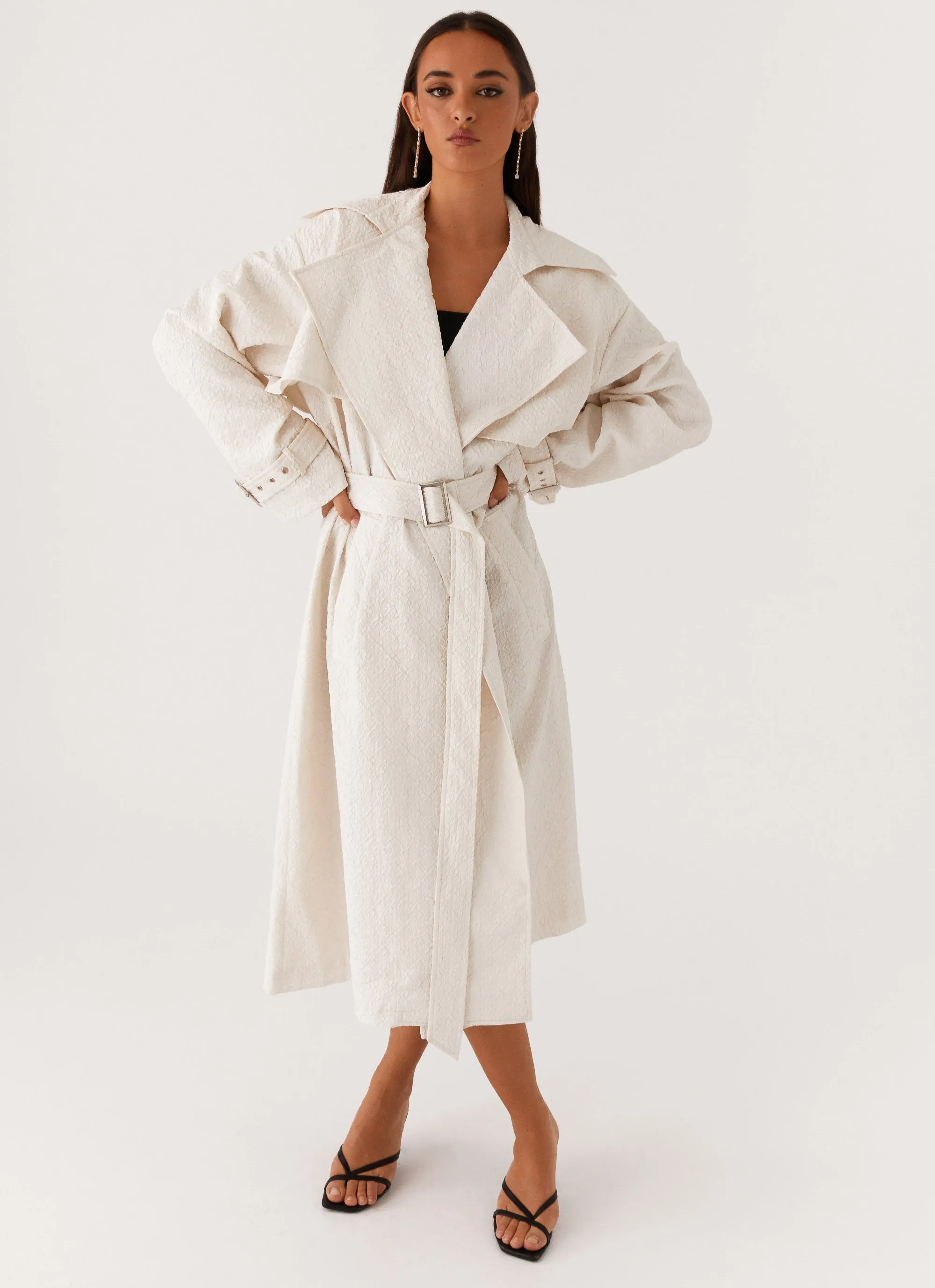 Classic Fit Stretch Weave Fabric Phoenix Oversized Trench Coat - Ivory