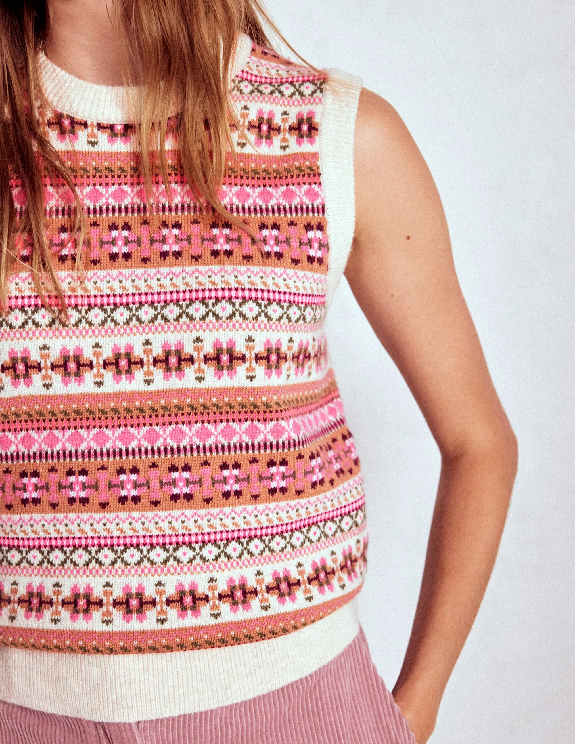 Chunky Cable Knit Edie Fair Isle Tank-Pink Heritage Fair Isle