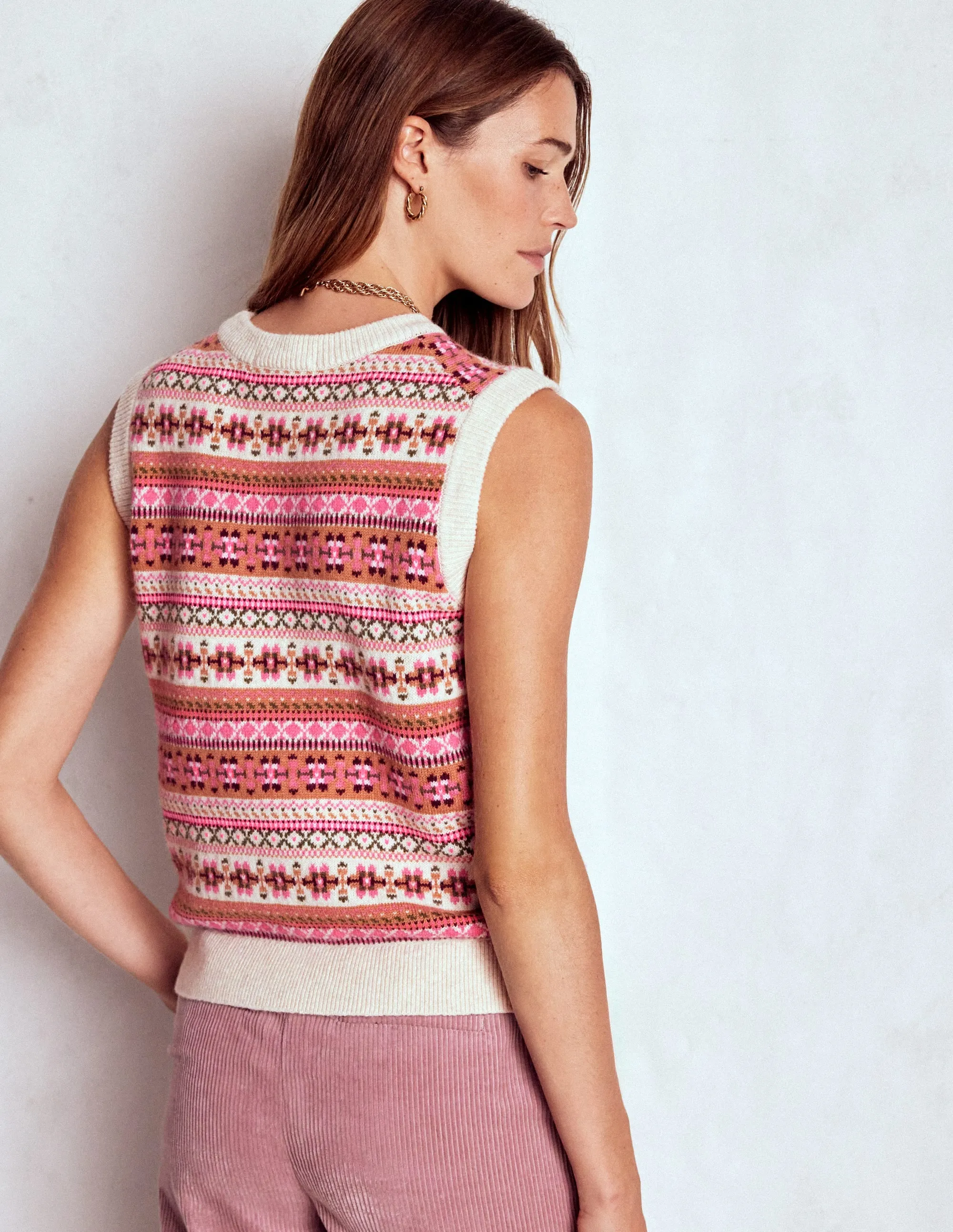 Non Restrictive Silhouette Edie Fair Isle Tank-Pink Heritage Fair Isle