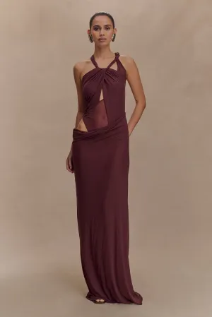 Edwina Knotted Mesh Maxi Dress - Mahogany Vacation Outfit Relaxed Layers