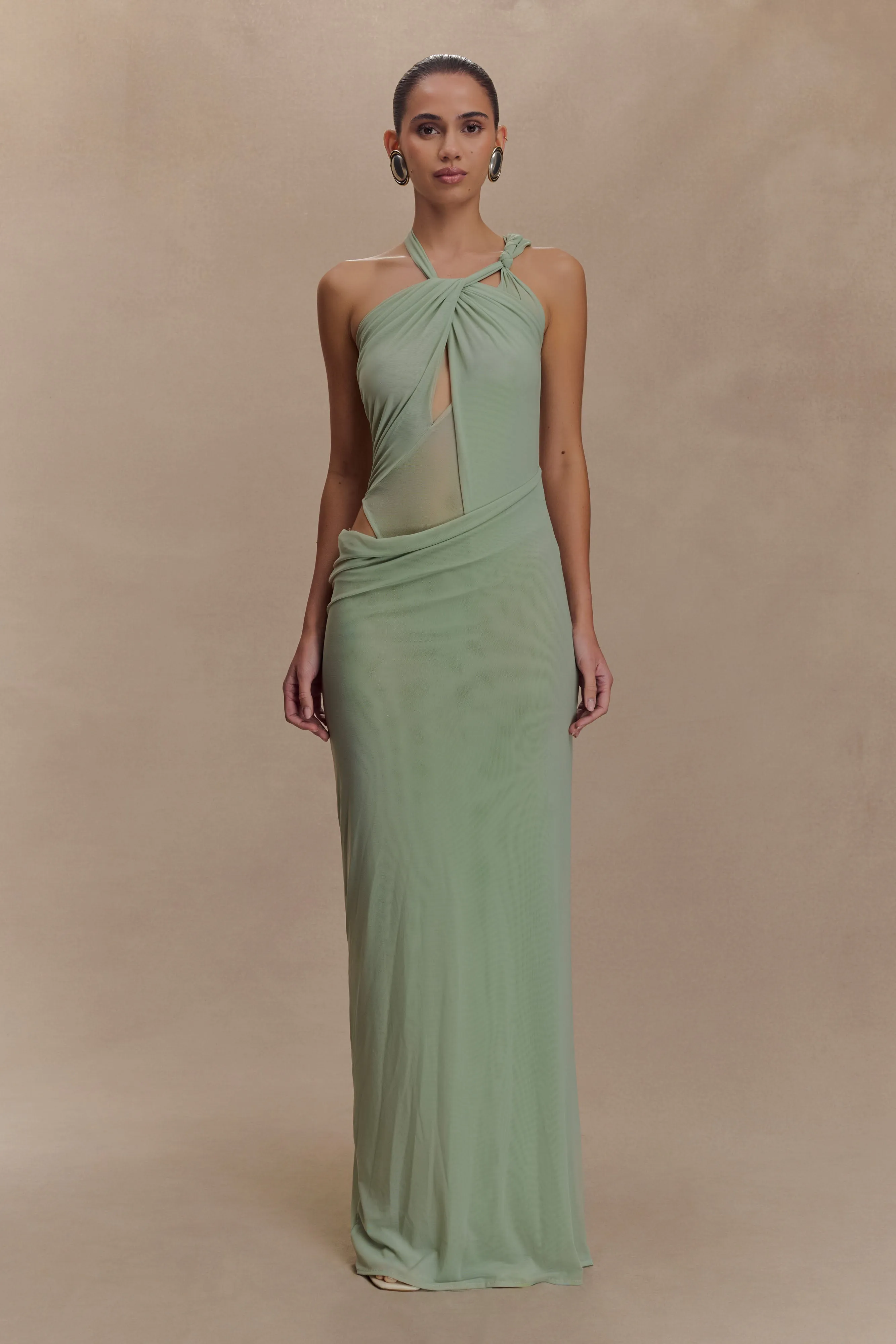 Edwina Knotted Mesh Maxi Dress - Sage Ethically-Made