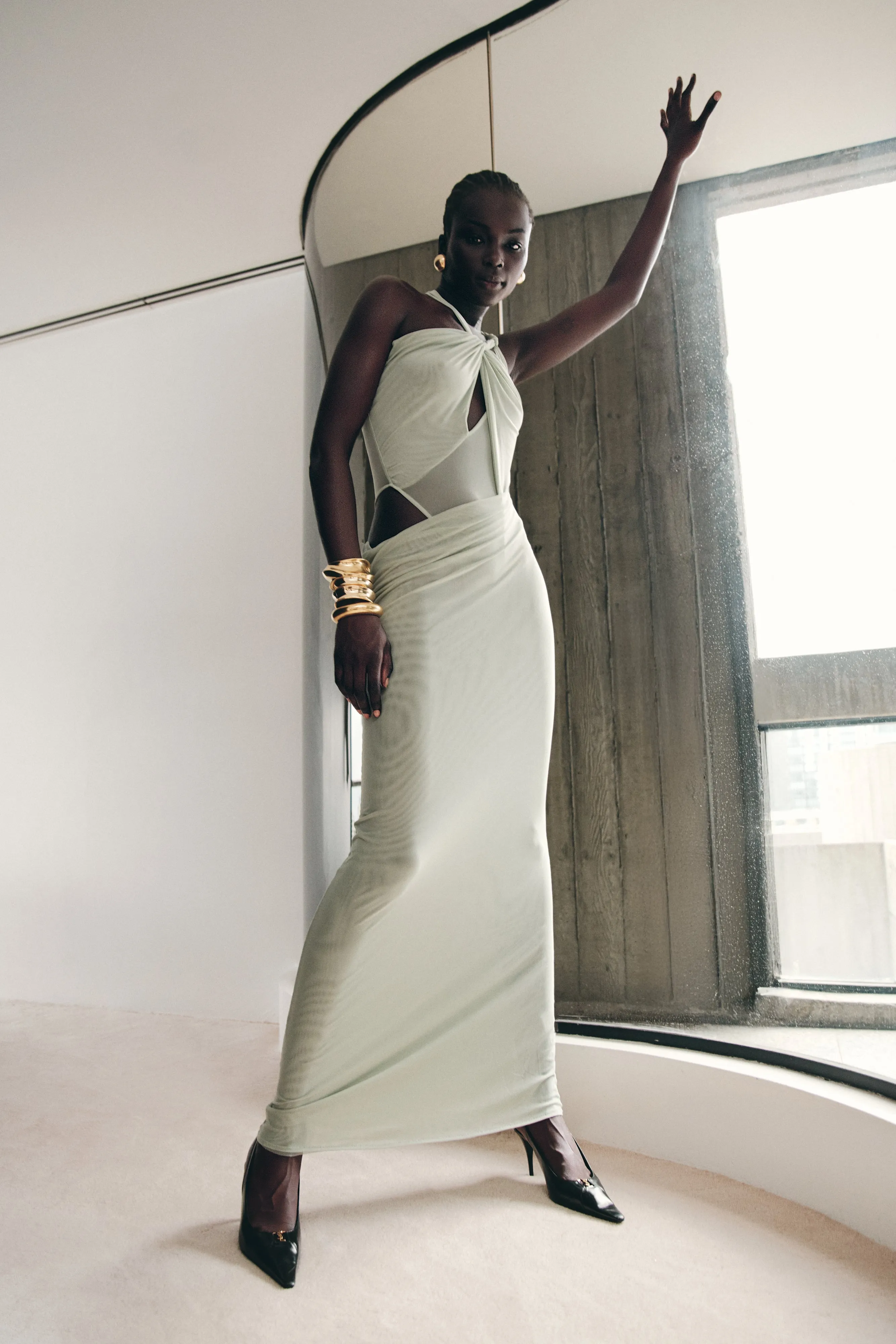 Edwina Knotted Mesh Maxi Dress - Sage Cotton-Blend