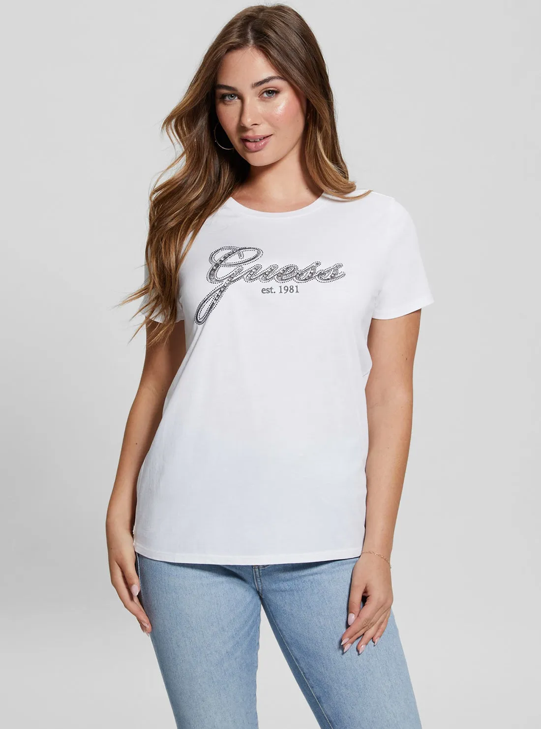 White Glam Logo T-Shirt GarmentDyedTexture Curved Hemline