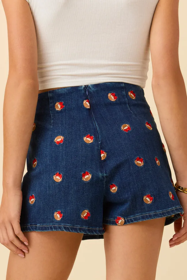 My Favorite Dark Wash Football Embroidery Skort SALE Adjustable Ties