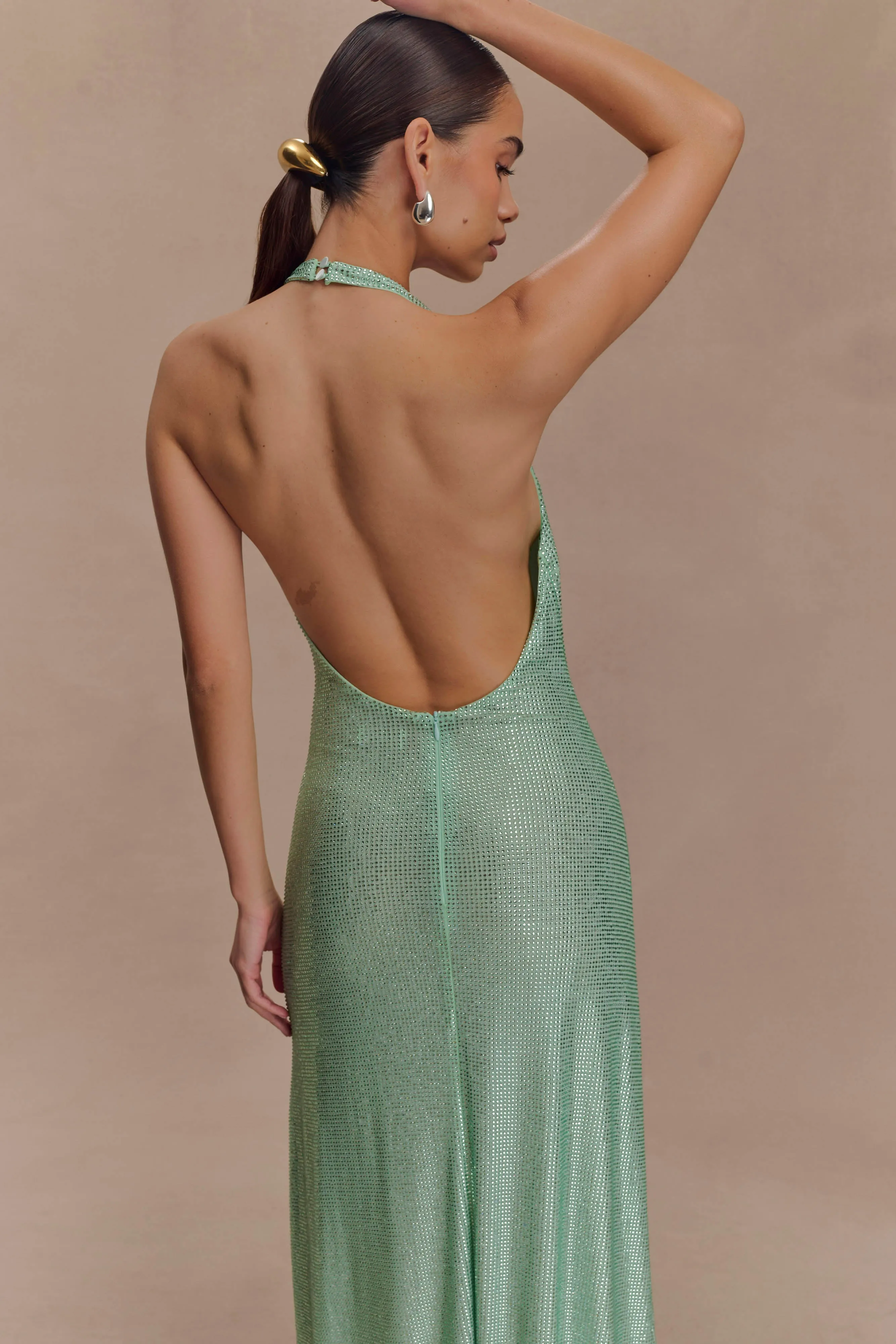 London Cool Sophisticated Look Genie Diamante Halter Midi Dress - Mint