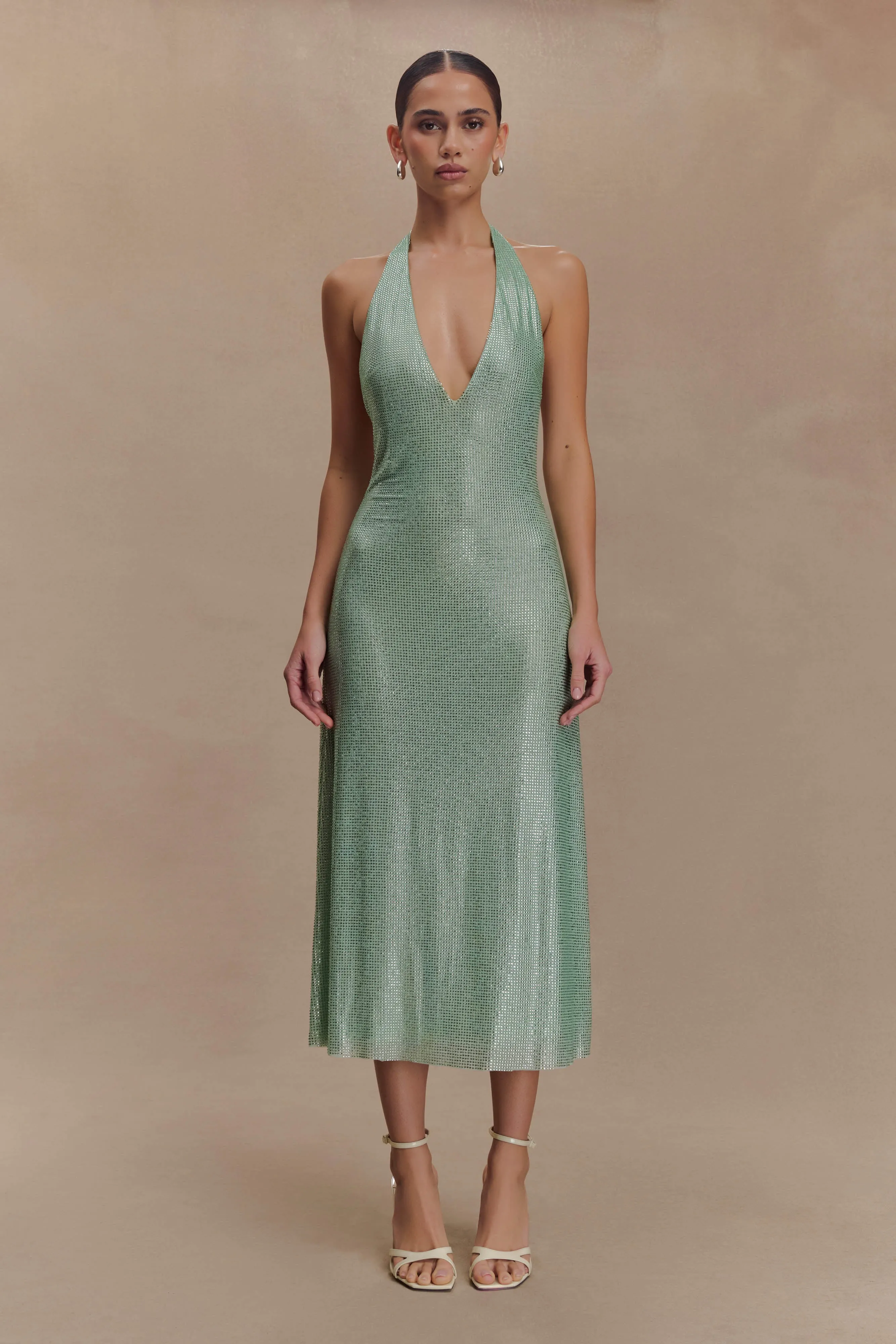 Genie Diamante Halter Midi Dress - Mint Anti-bacterial Relax Draping