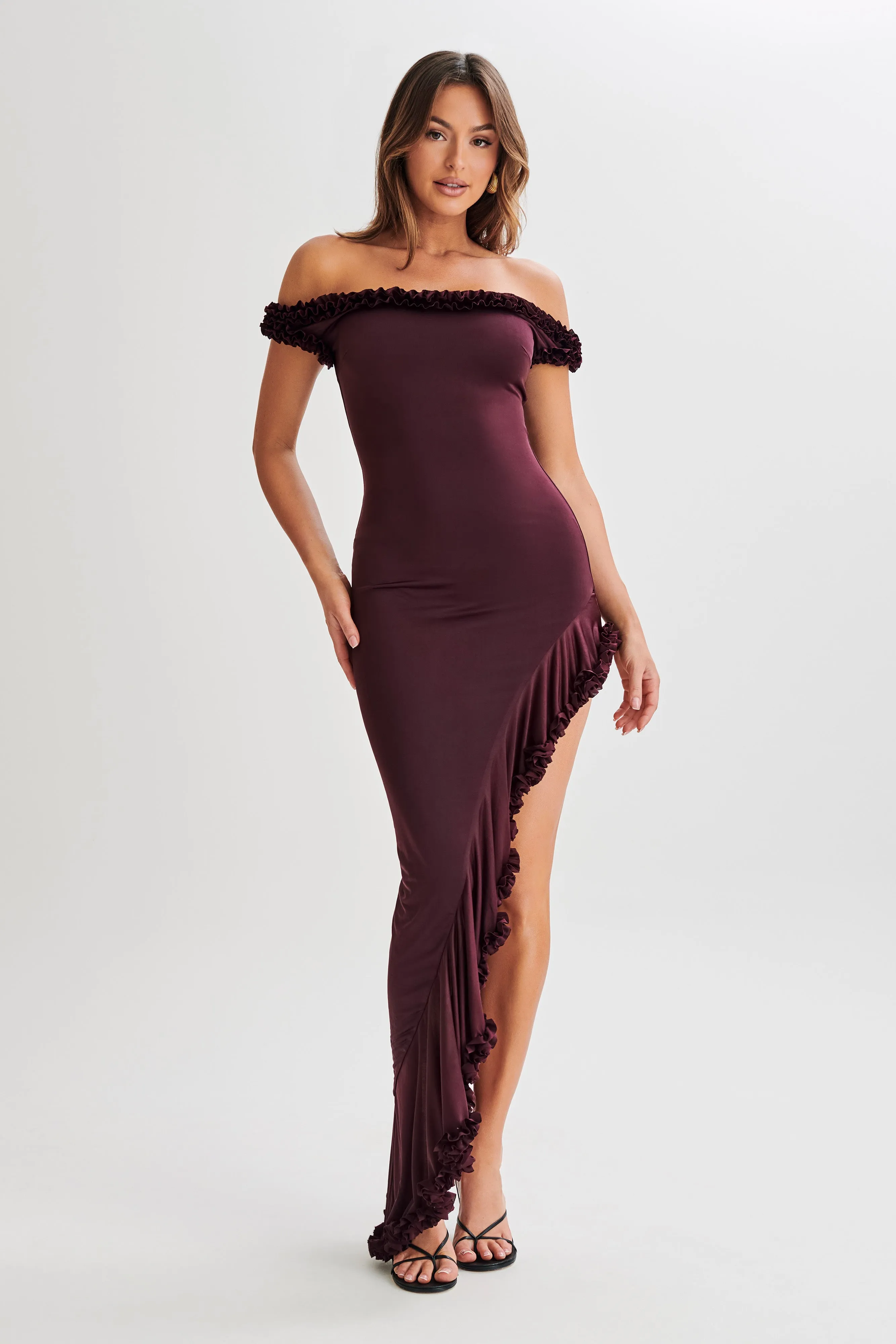 Arielle Off Shoulder Ruffle Midi Dress - Plum Care-Instructions-Included Practical-Style