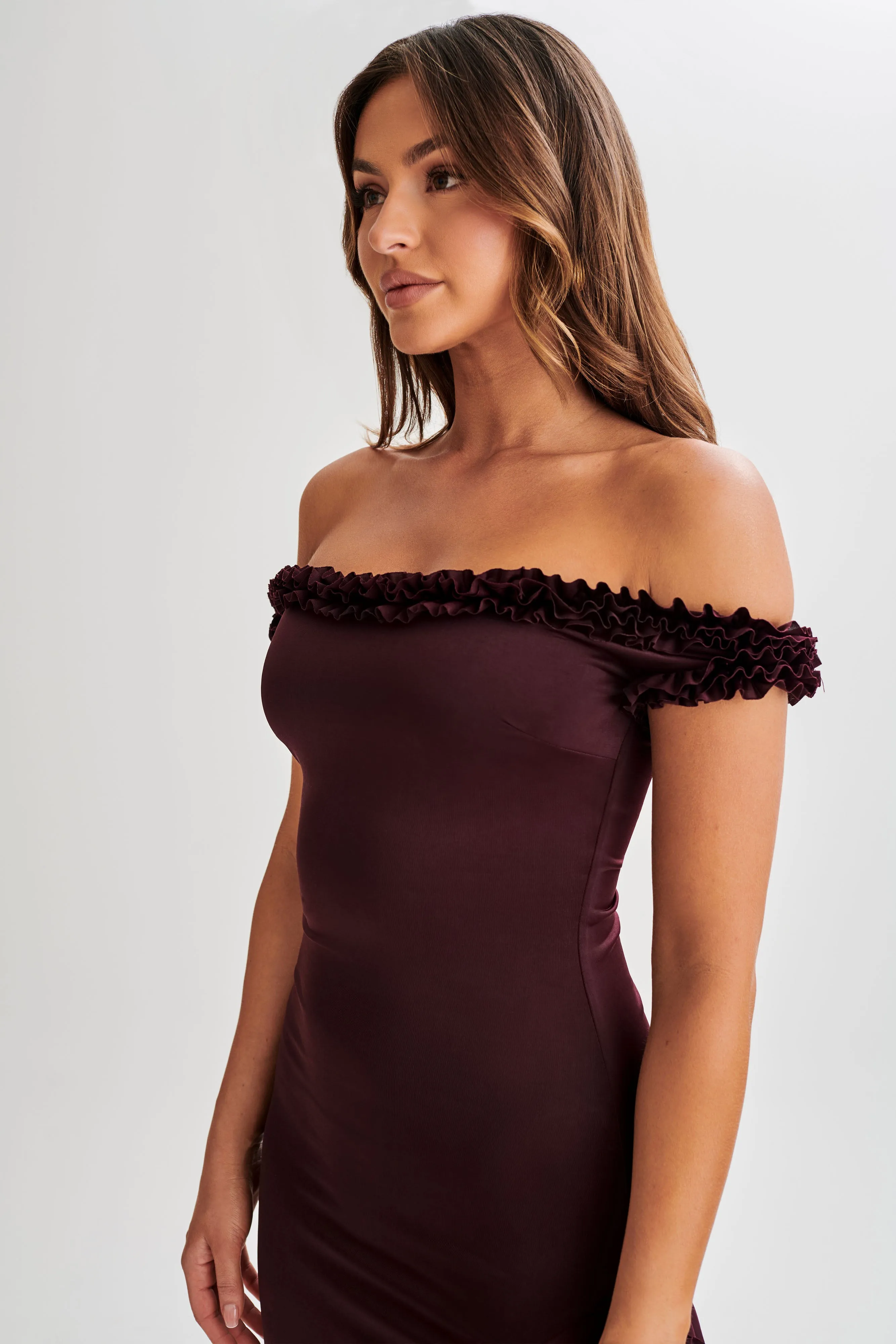 Arielle Off Shoulder Ruffle Midi Dress - Plum Relaxed Mood Airy Drape