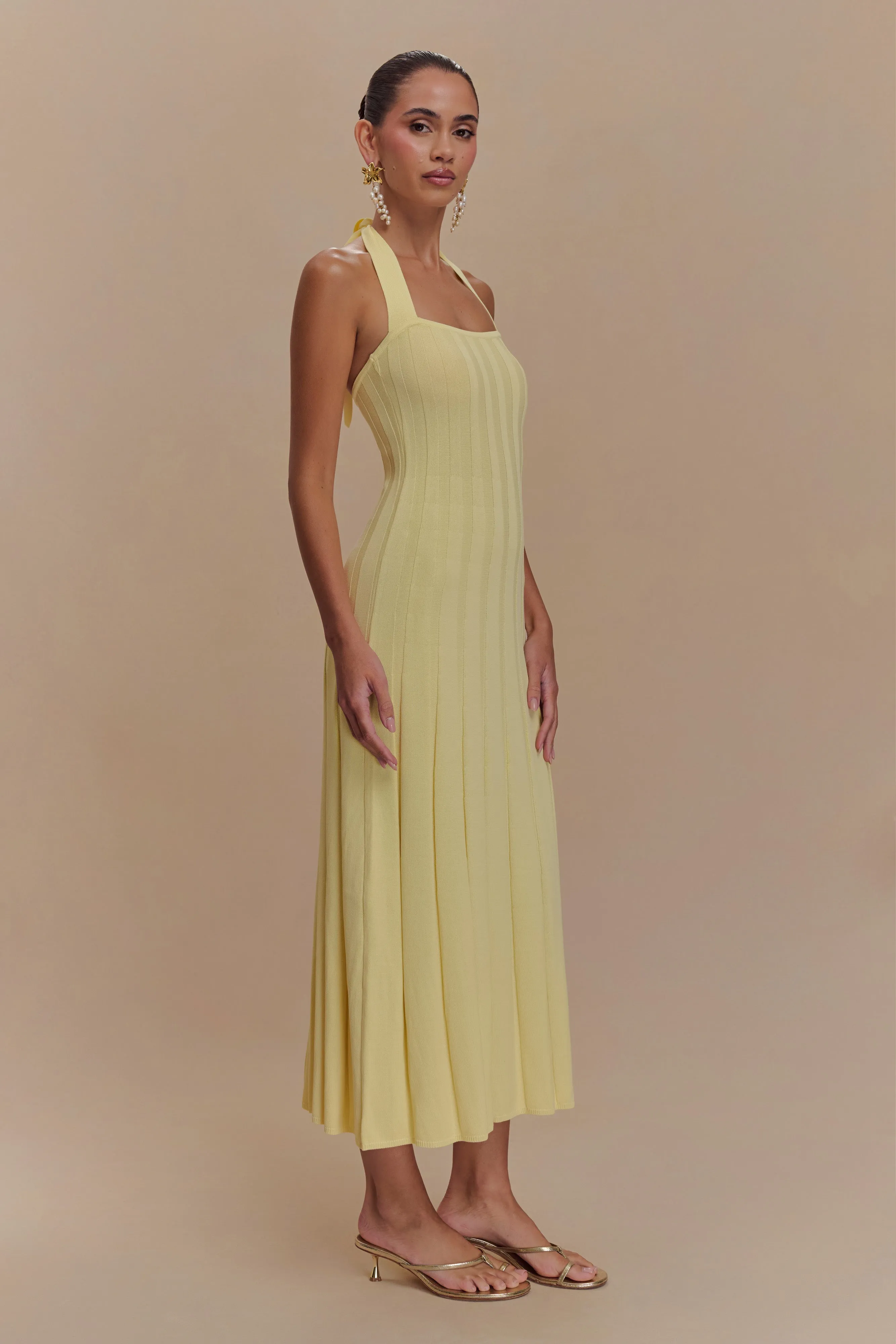 Versatile Fit Cozy Wearable Jacqui Halter Knit Midi Dress - Lemon