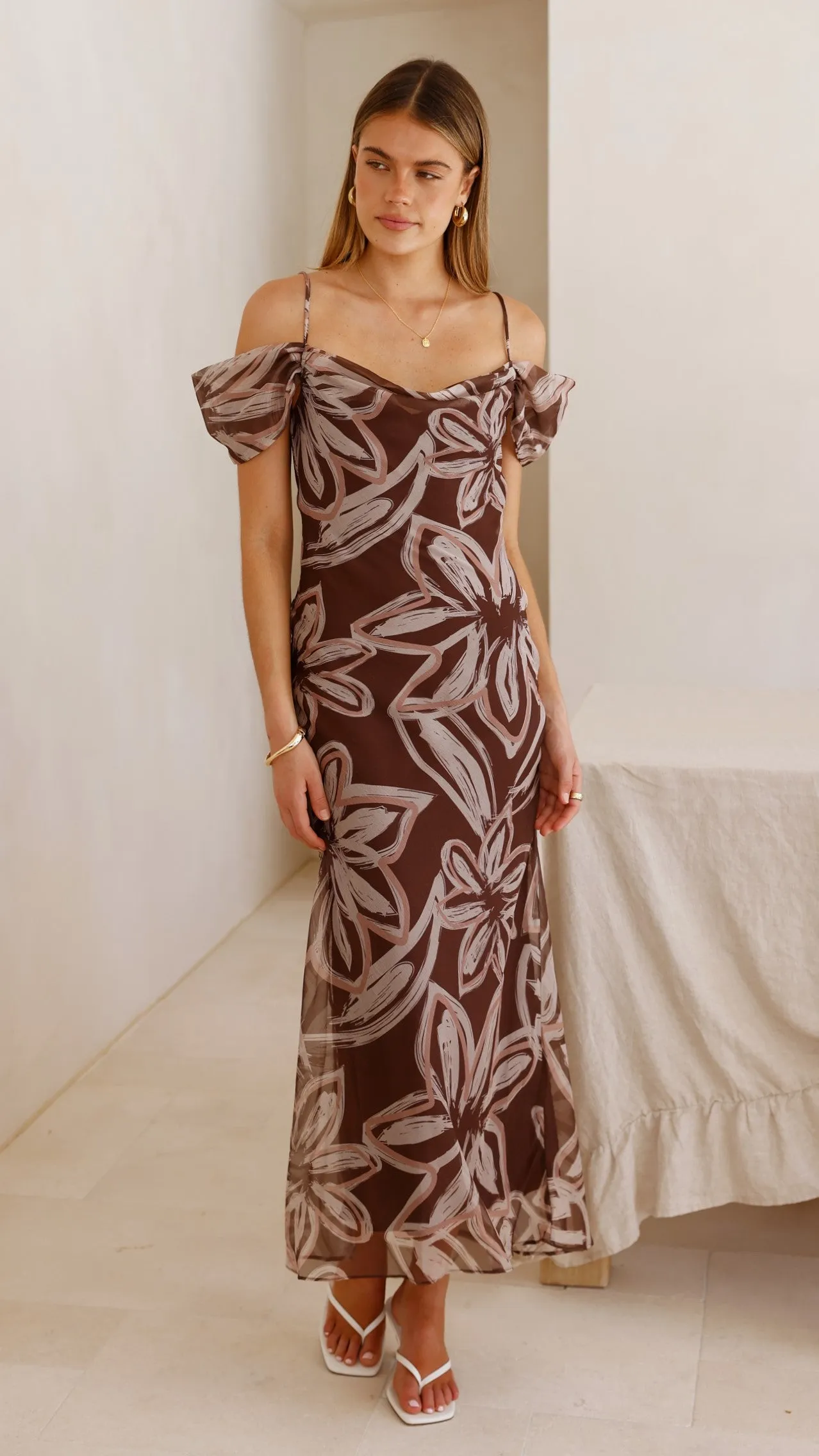 Adrianna Midi Dress - Brown Floral summer breeze