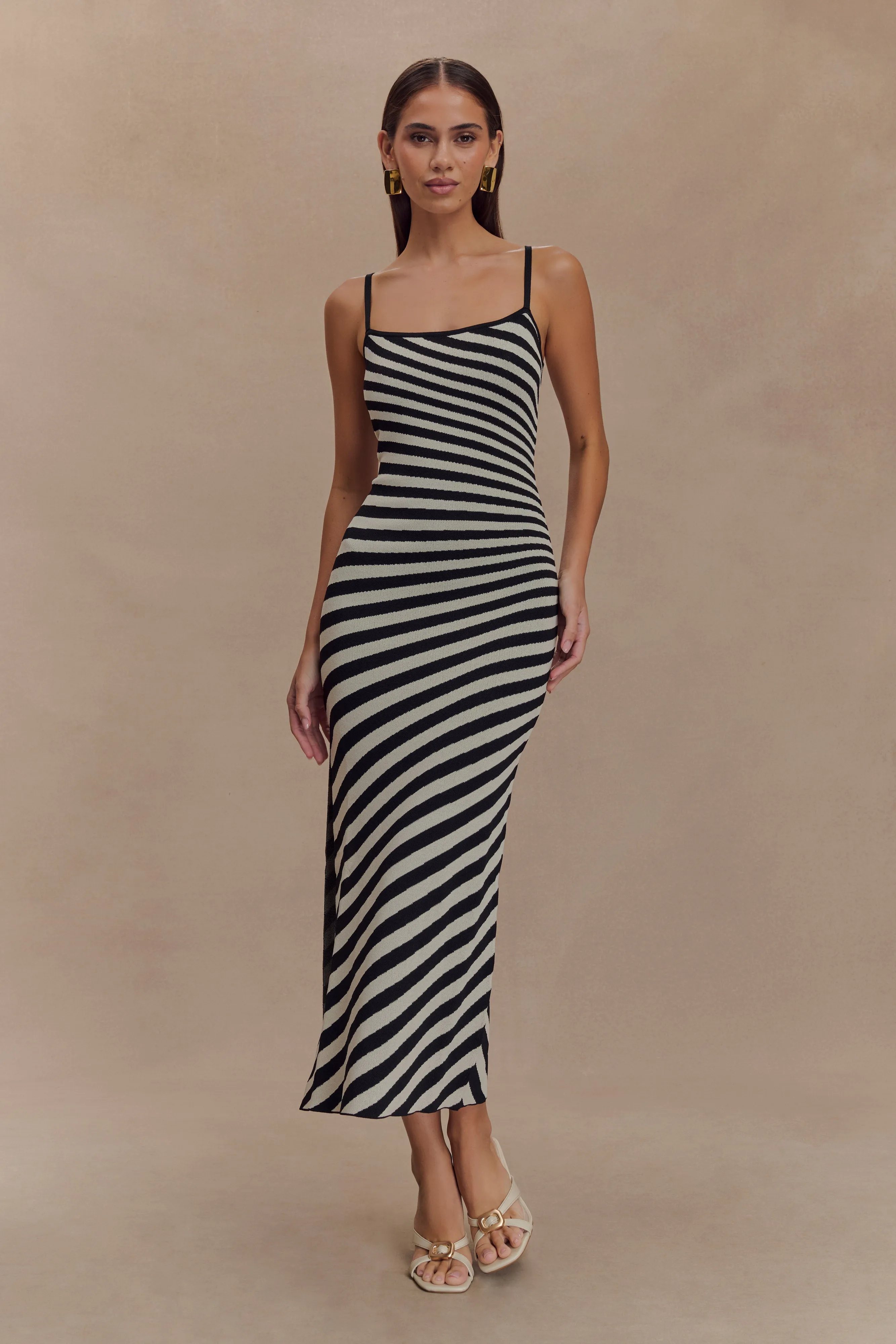 Raven Striped Knit Midi Dress - Black/White High-waist Weekend Style