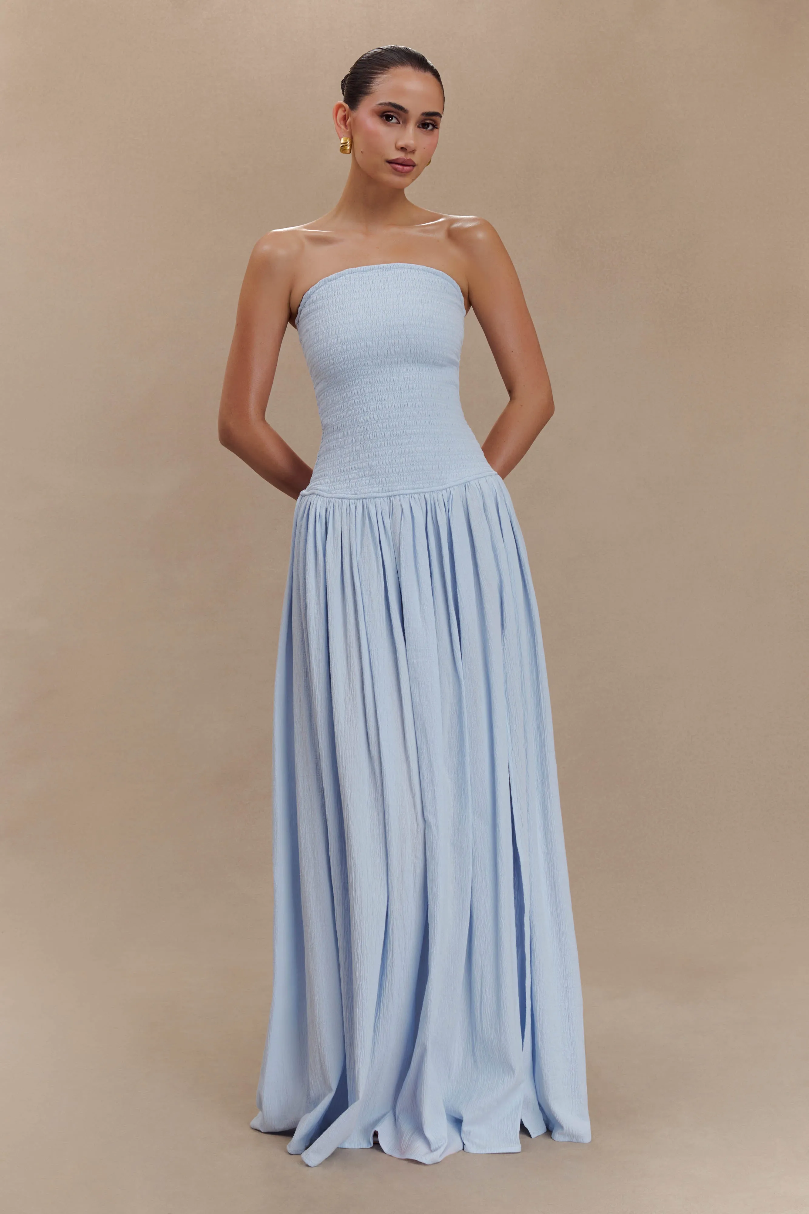 Draped Silhouette A-Line Maureen Cotton Shirring Maxi Dress - Powder Blue