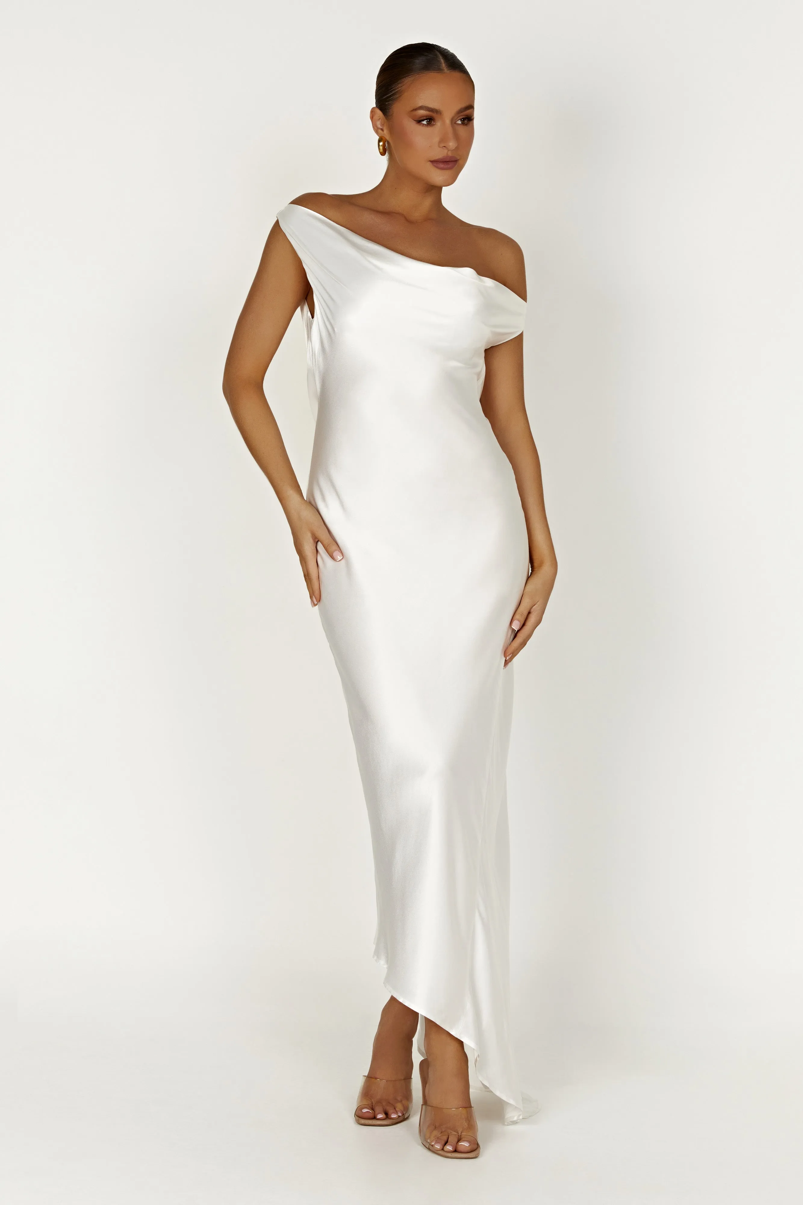 Yvette Slip Maxi Dress With Asymmetrical Hem - White Versatile Cut Versatile Style Wear
