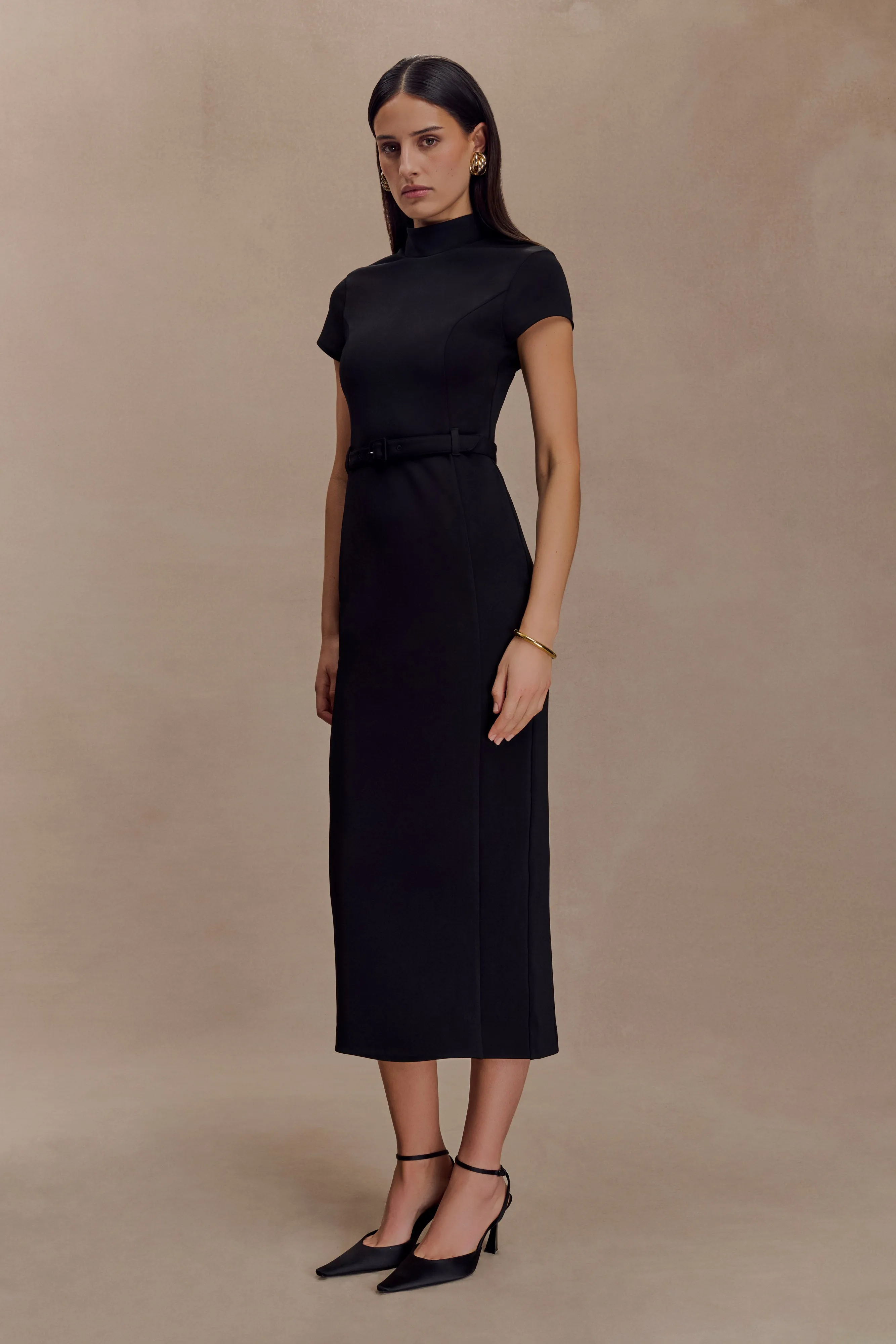 Arwyn Short Sleeve Crepe Midi Dress - Black Classic knee-length dress