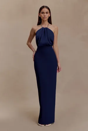Elina Satin Necklace Maxi Dress - Navy High Neck Cozy Design