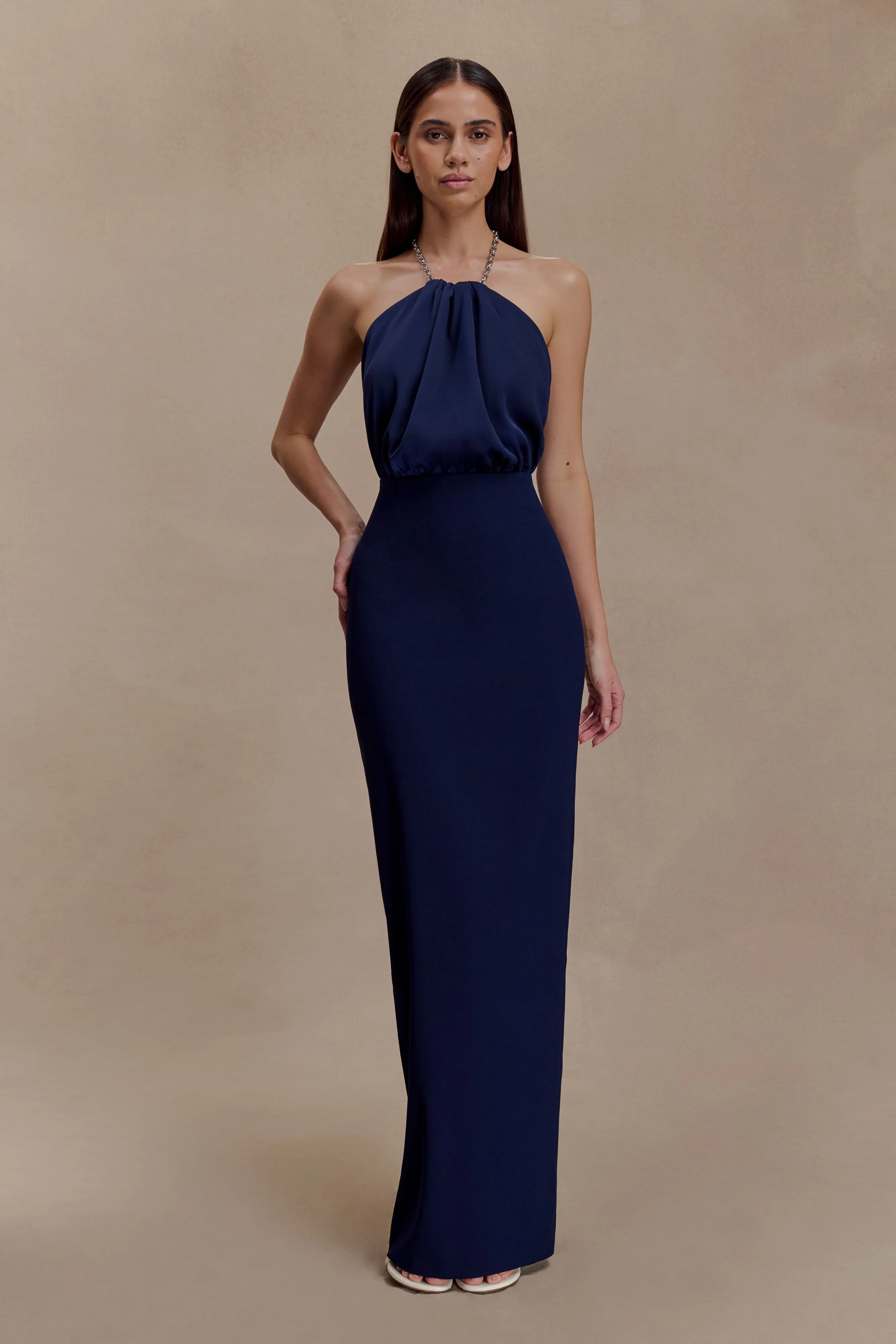 Elina Satin Necklace Maxi Dress - Navy High Neck Cozy Design