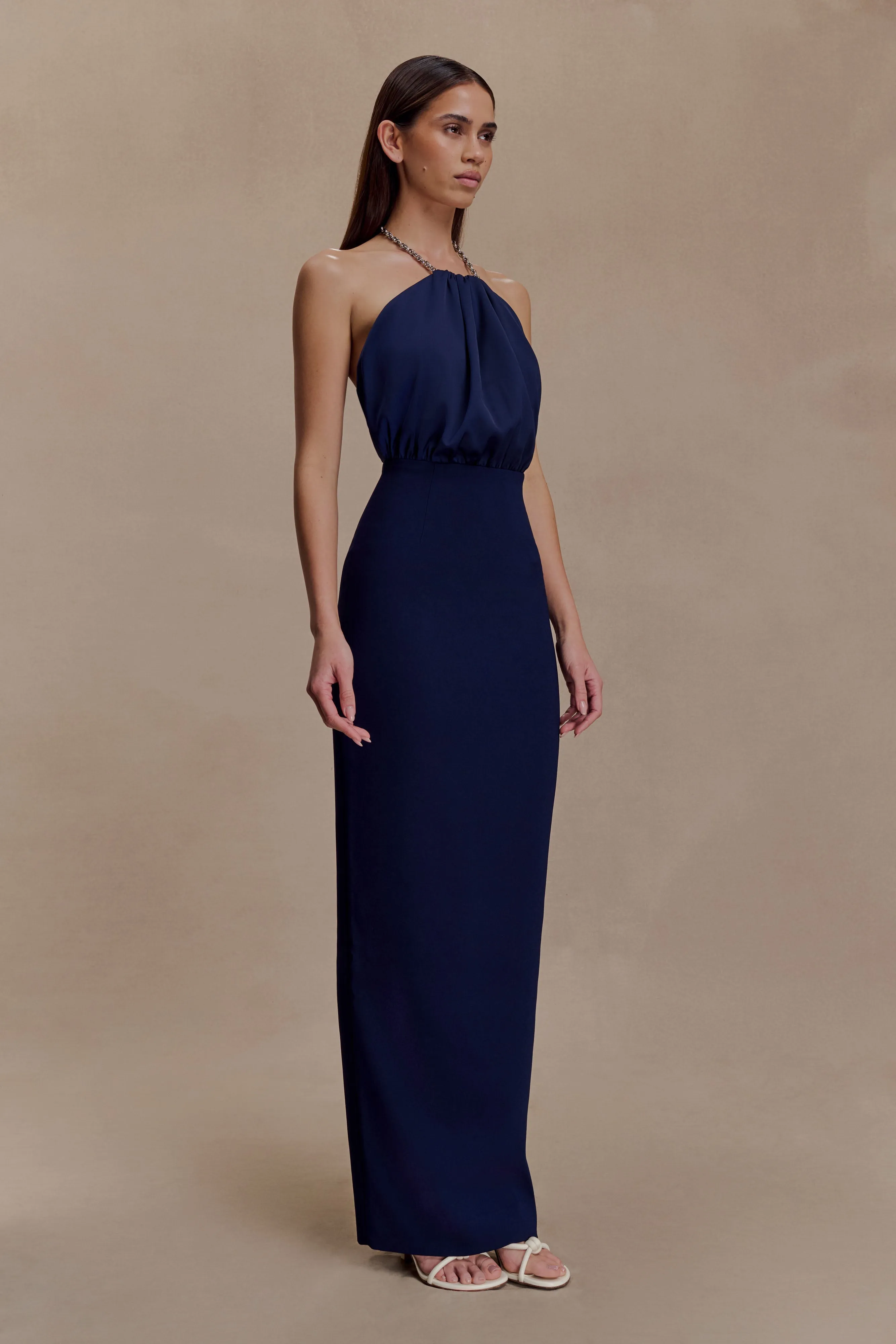 Elina Satin Necklace Maxi Dress - Navy Dinner Outfit