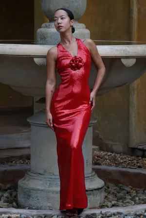 Sheer Layer Noble Aura Eliza Rose Sequin Maxi Dress - Red