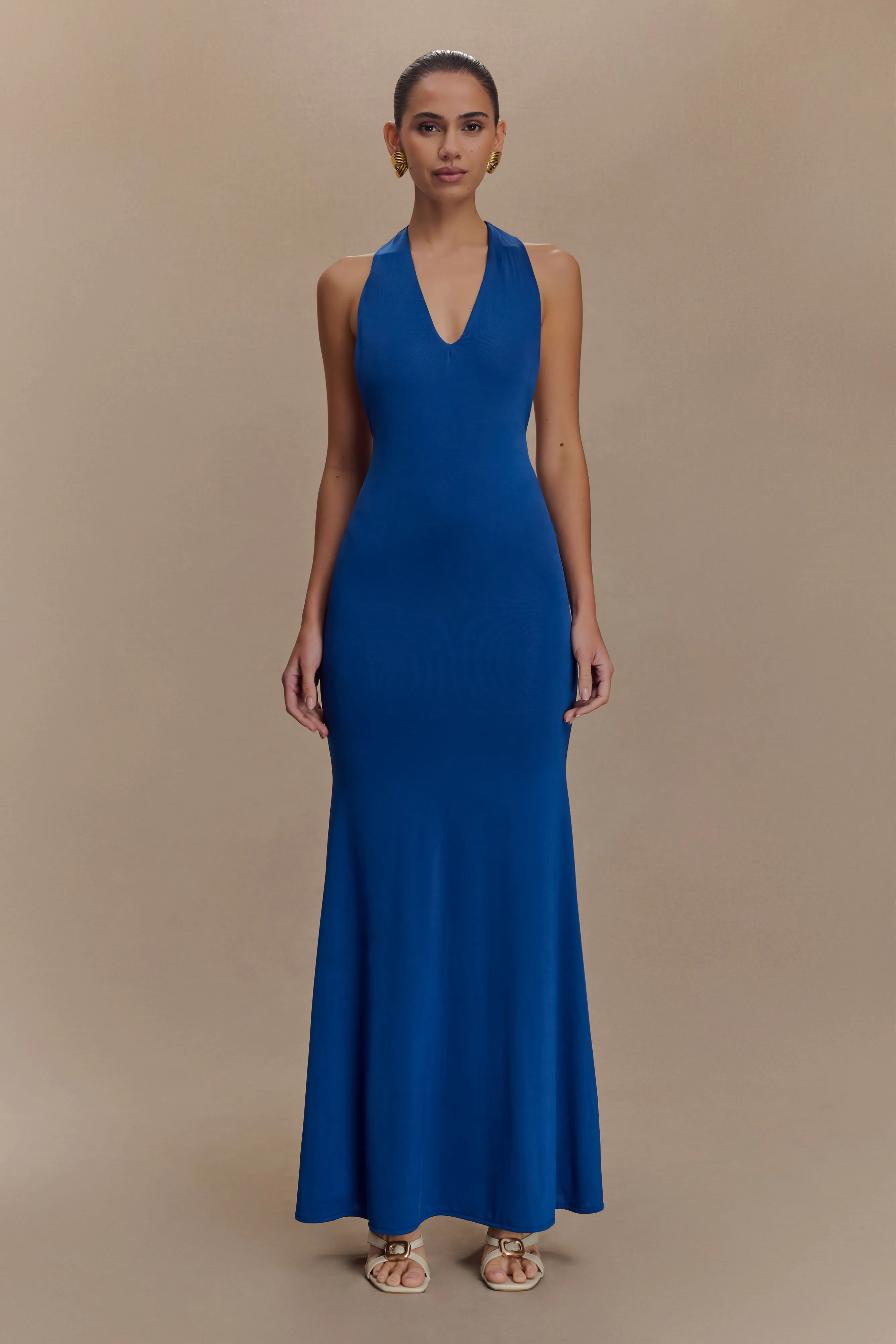 Elke Slinky V Neck Maxi Dress - Cobalt Abstract Pattern Dreamy Look