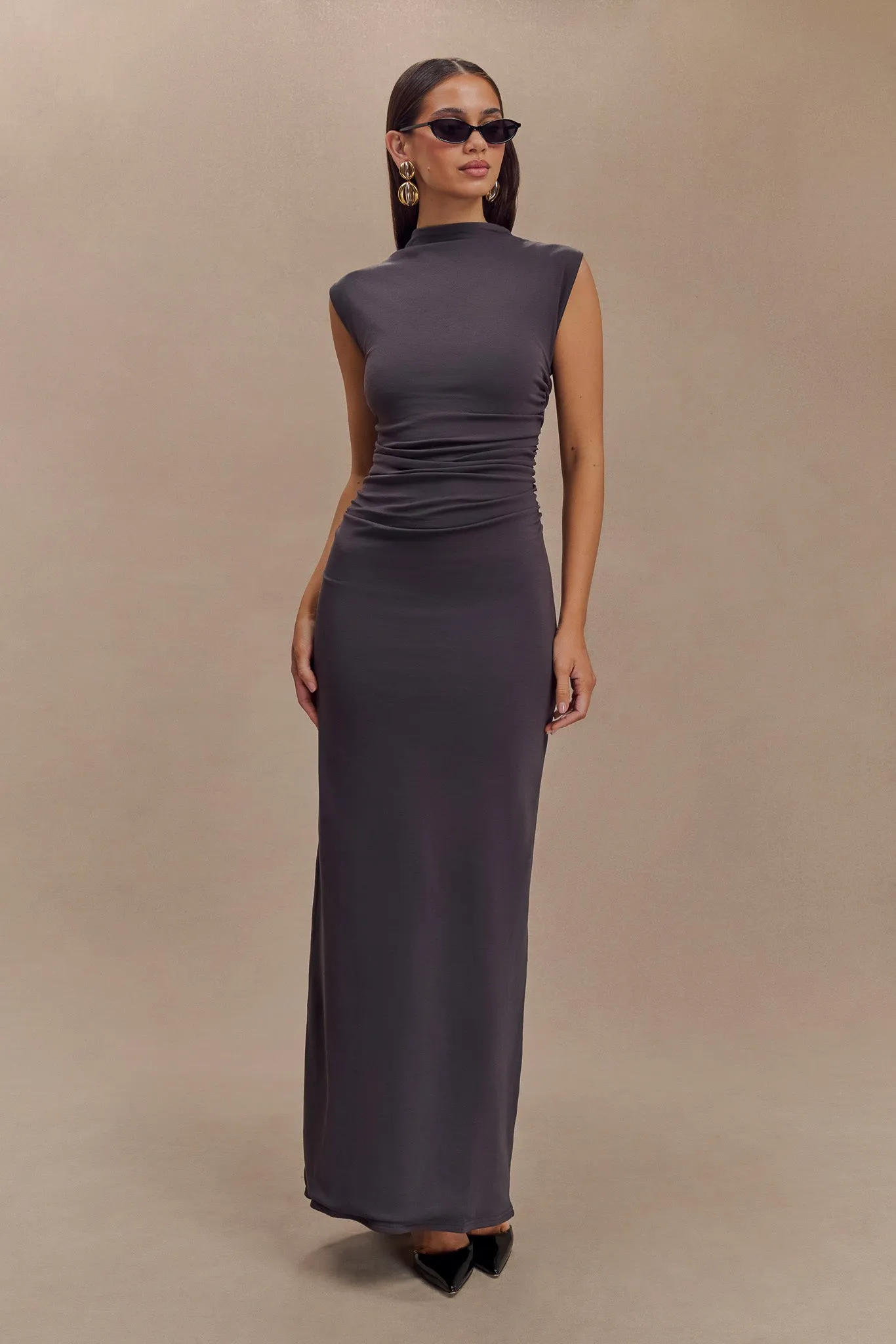 Elliot High Neck Sleeveless Maxi Dress - Dark Charcoal Soft touch evening dress