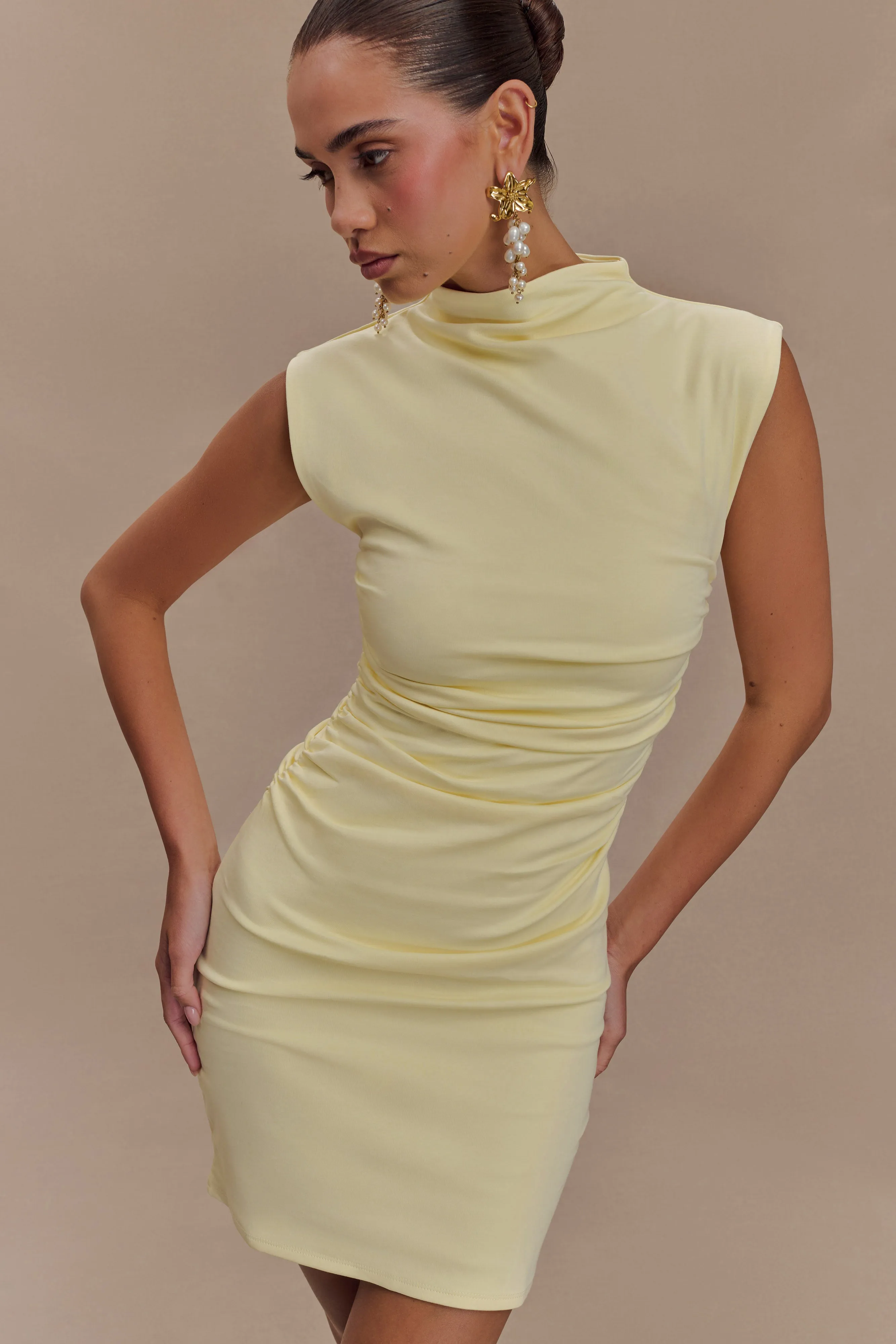 Elliot High Neck Sleeveless Mini Dress - Pale Lemon Soft Lines