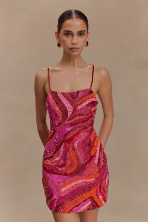 Eloise Hand Beaded Mini Dress - Pink Swirl Print Bold colors Soft-touch daywear