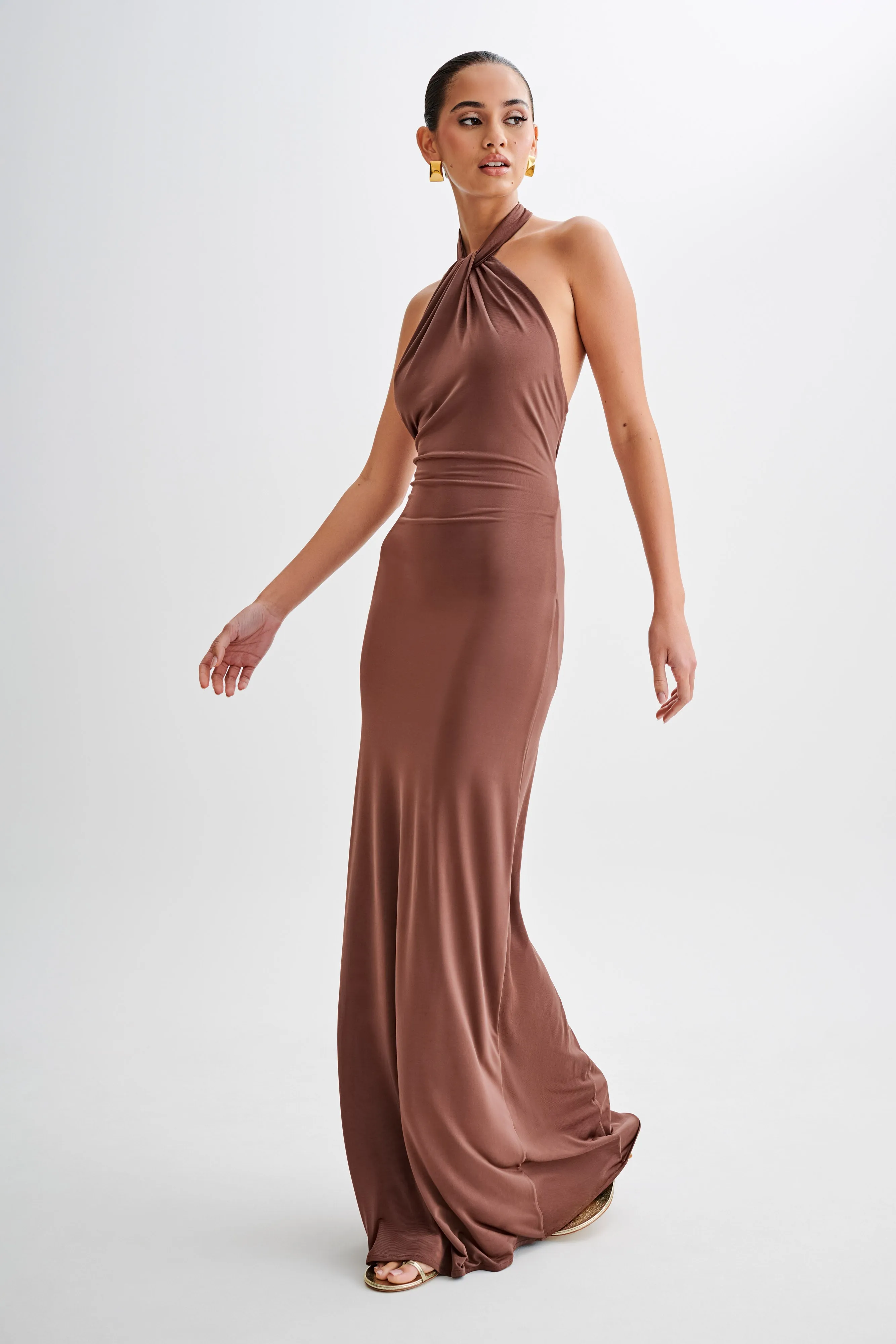 Elyna Slinky Halter Maxi Dress - Chocolate Walk Mood Sporty Look